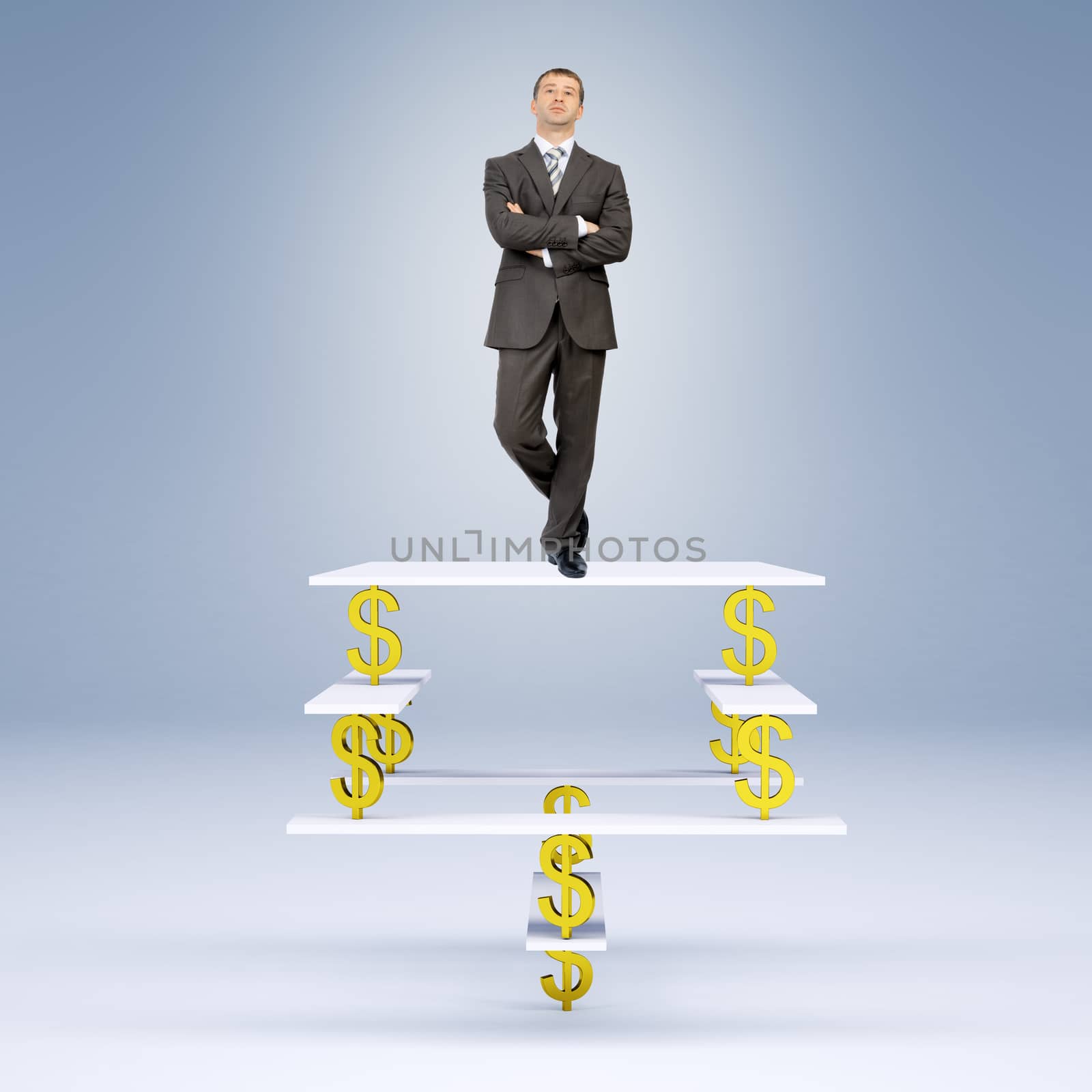 Businessman standing on balance with dollar sign and looking at camera