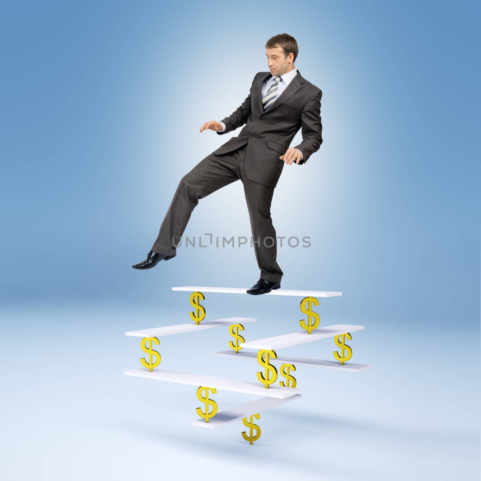 Businessman standing on balance with dollar sign and looking down