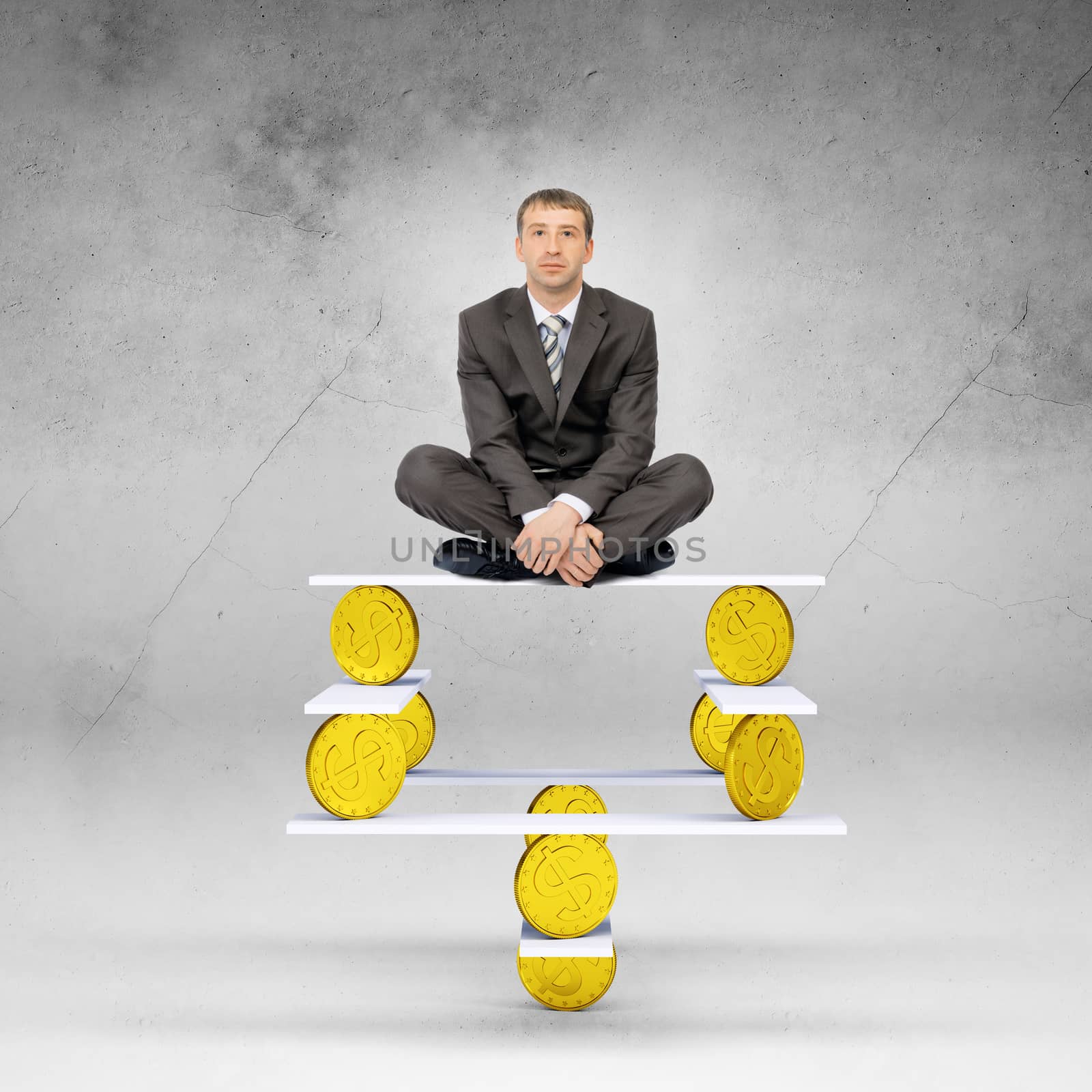 Businessman sitting on balance with gold coins and looking at camera