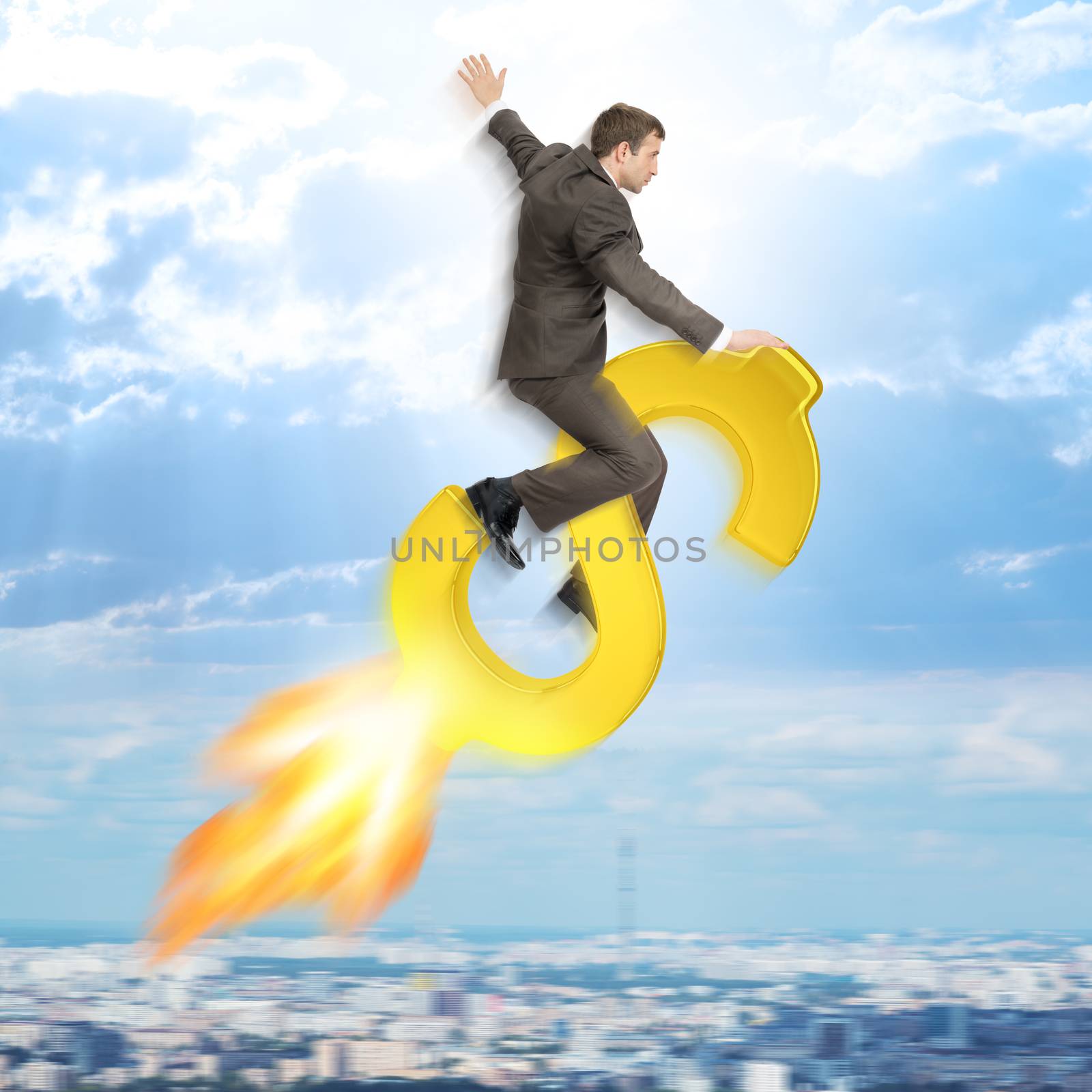 Businessman flying on dollar sign by cherezoff