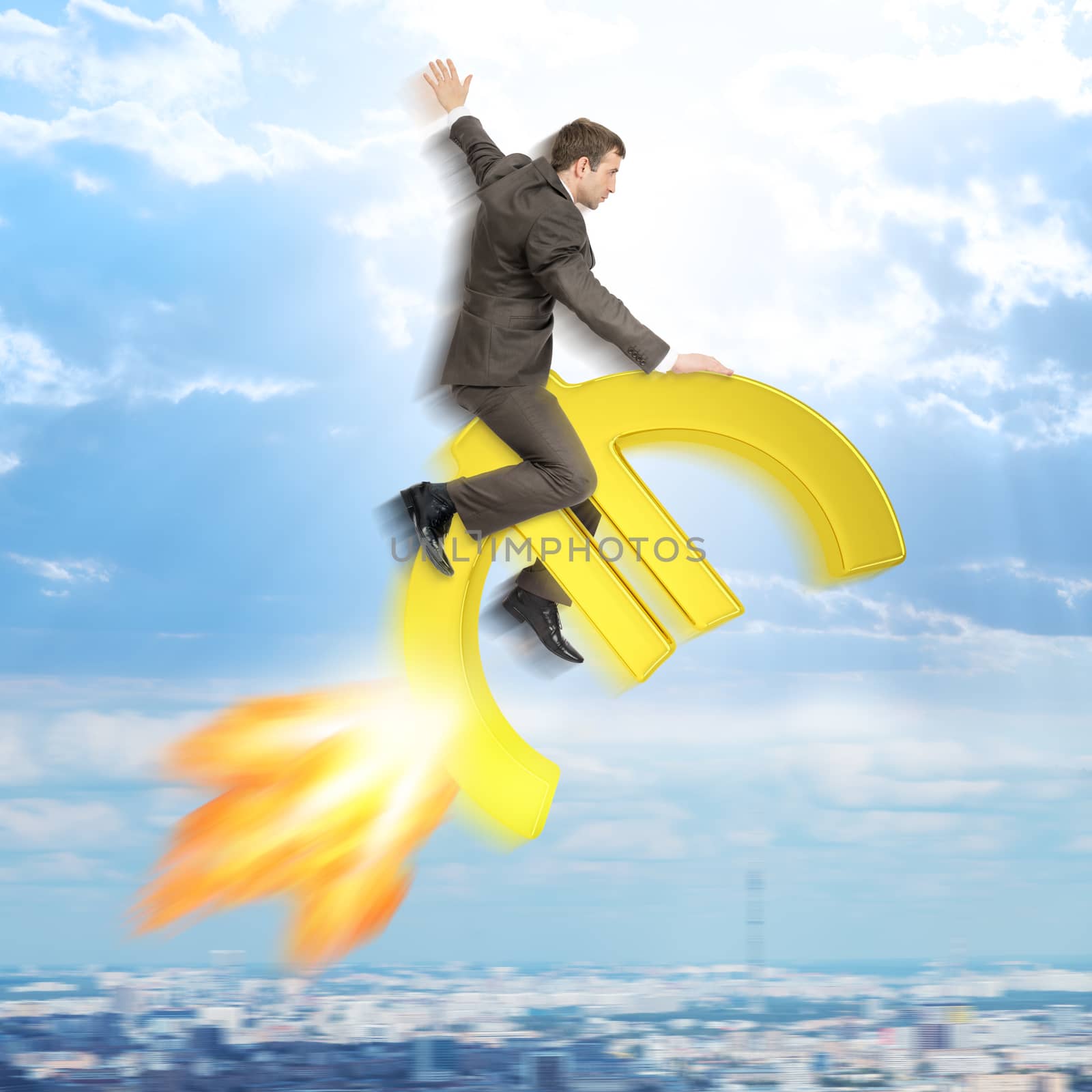 Businessman flying on euro sign by cherezoff