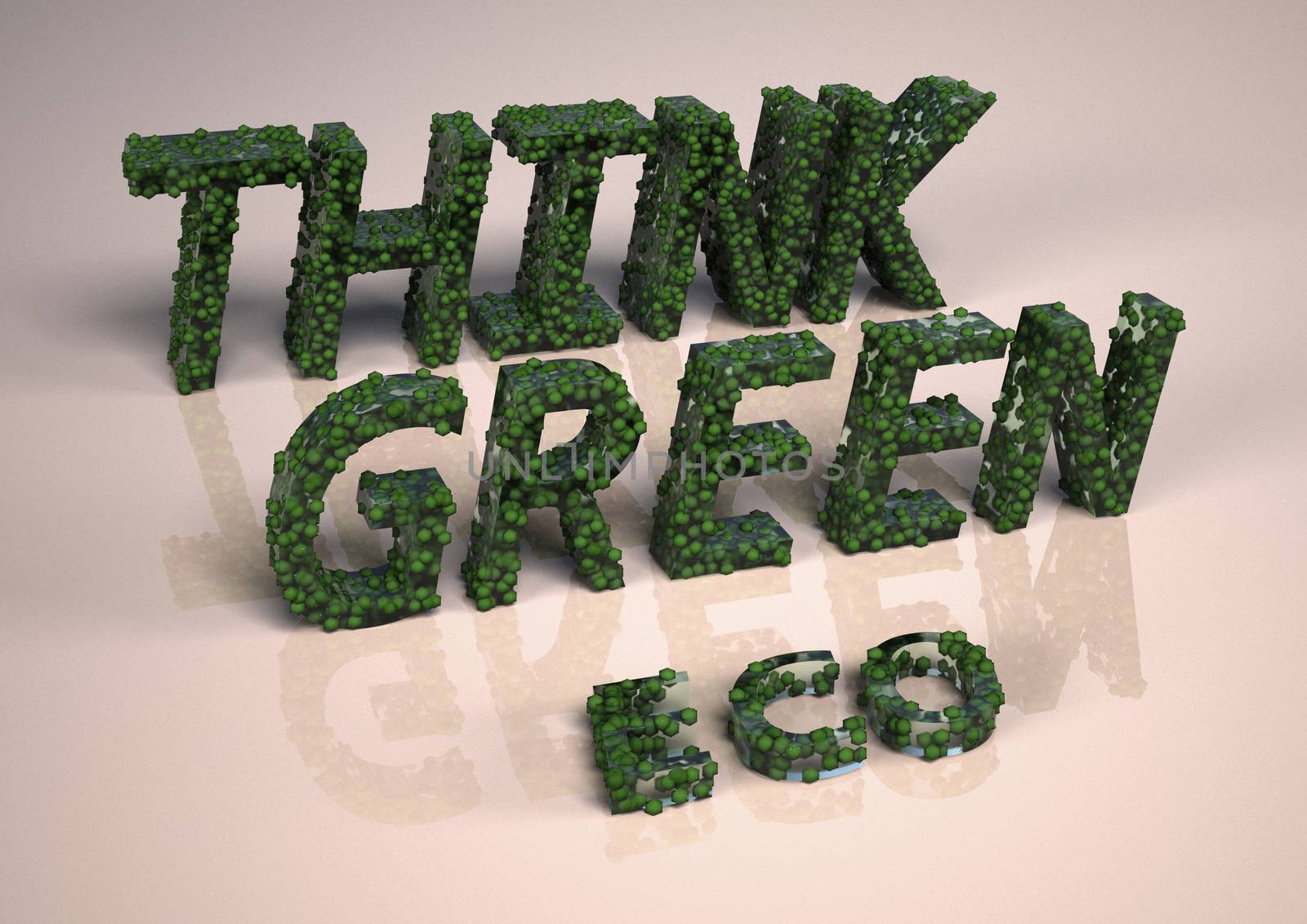 The three-dimensional inscription Think green is made small cubes.