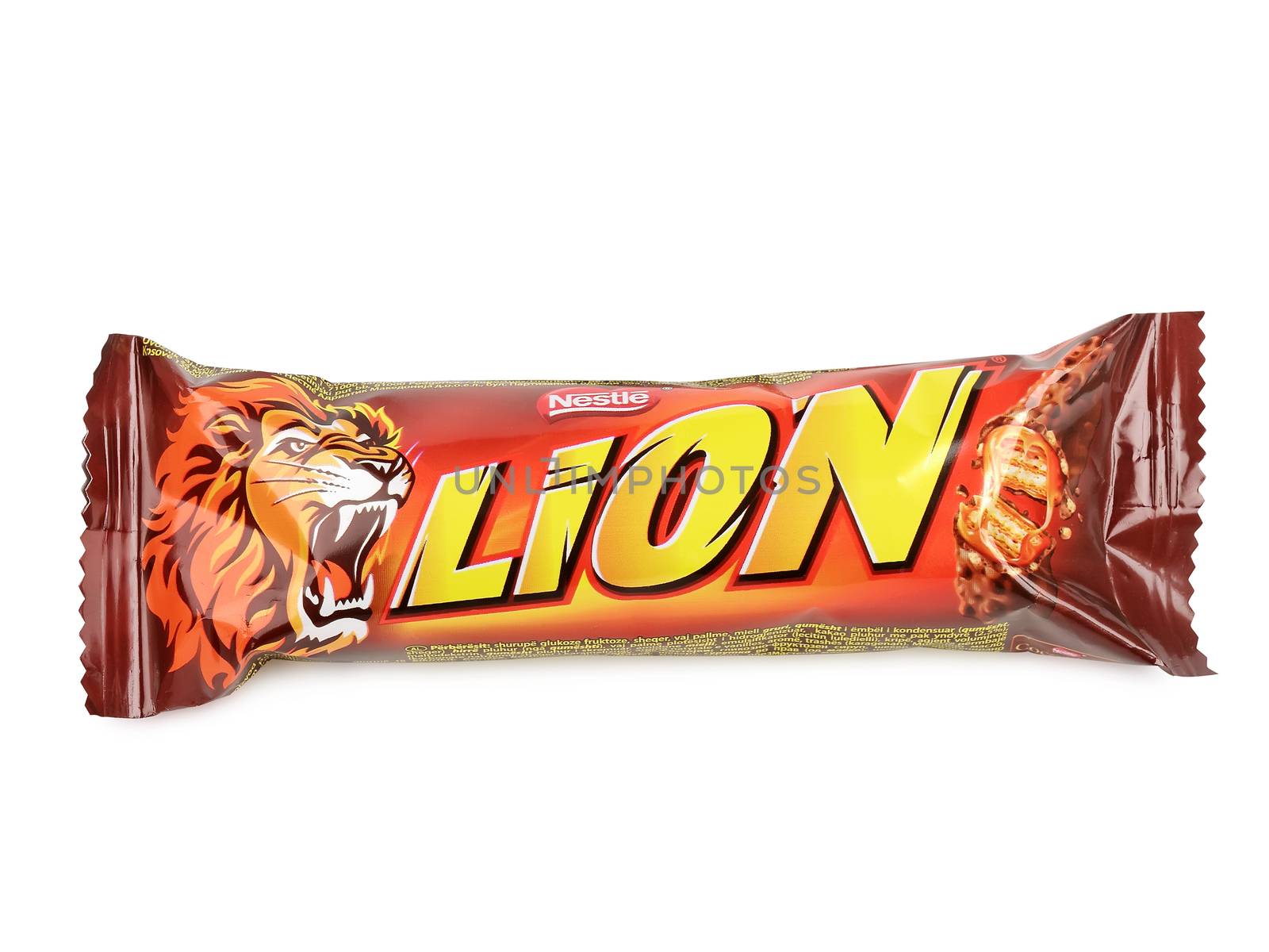 PULA, CROATIA - DECEMBER 5, 2015: Lion bar isolated on white. Lion is a chocolate bar confection that is manufactured by Nestle