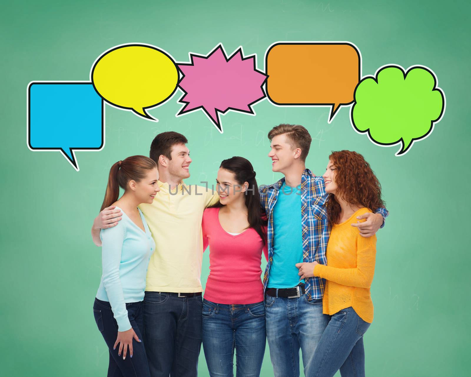 group of smiling teenagers with text bubbles by dolgachov