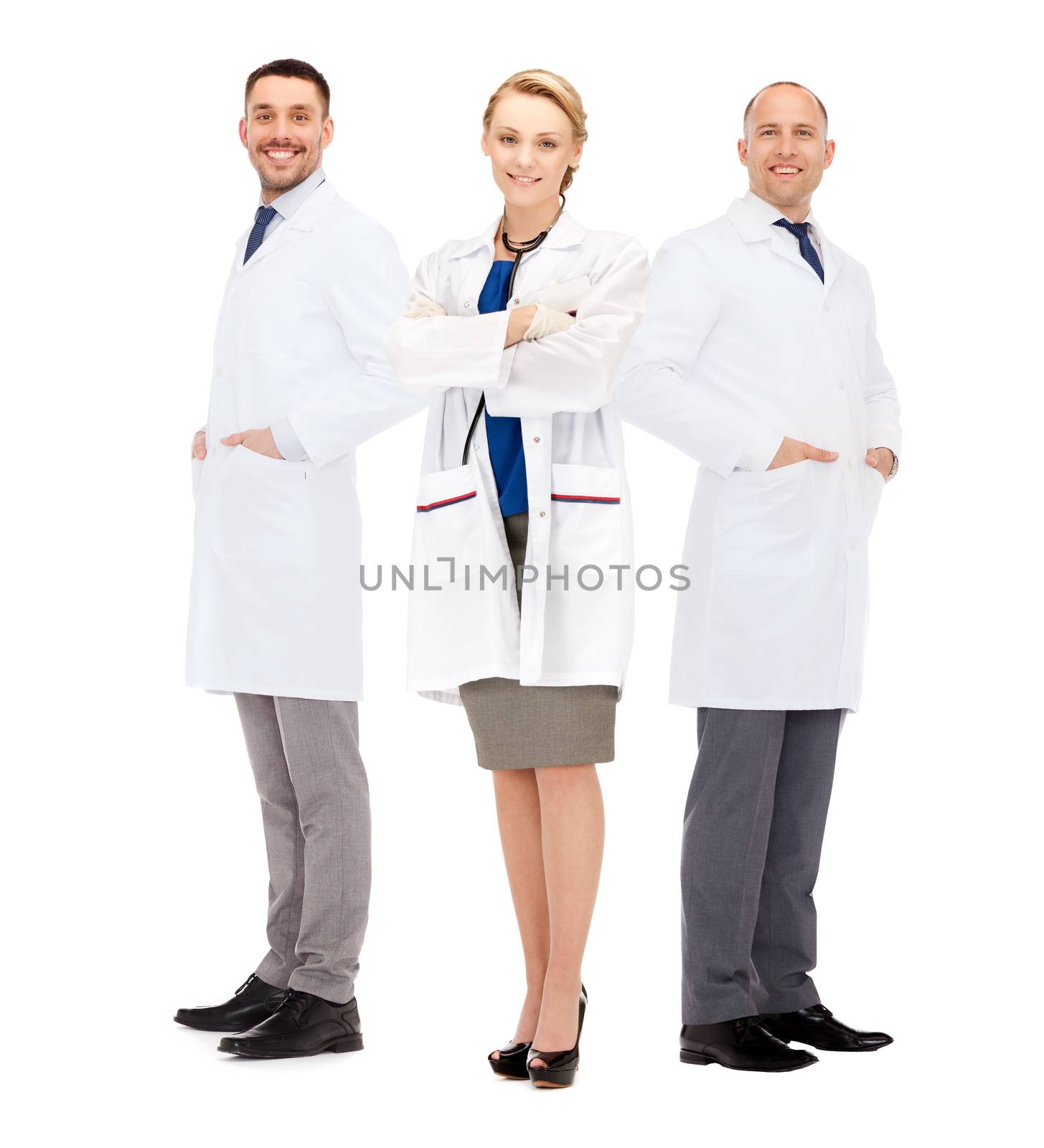 healthcare, profession and medicine concept - group of smiling doctors in white coats over white background