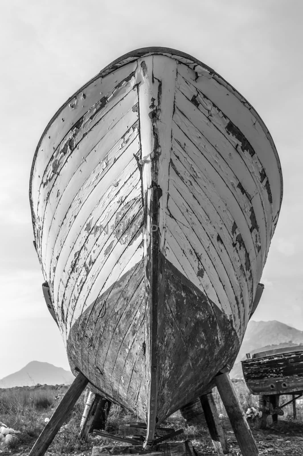 Old Wooden Boat Bow Close-up, Black and White 