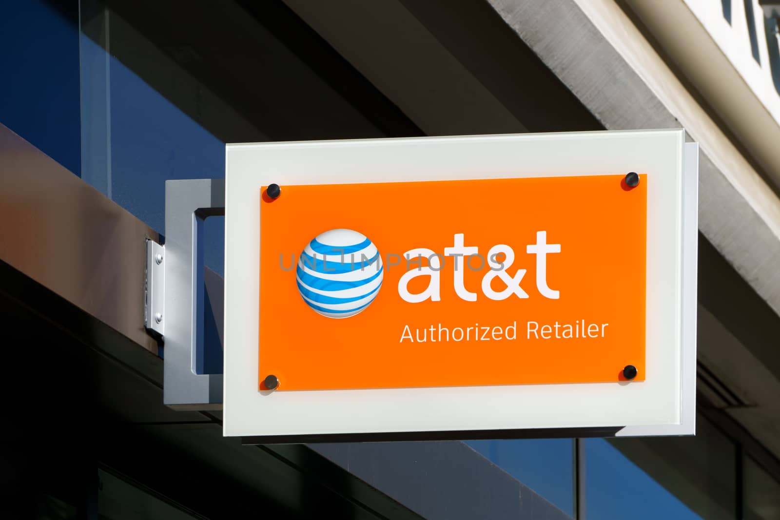 LOS ANGELES, CA/USA - December 6, 2015: AT&T retail store exterior and sign. AT&T Inc. is an American multinational telecommunications corporation.