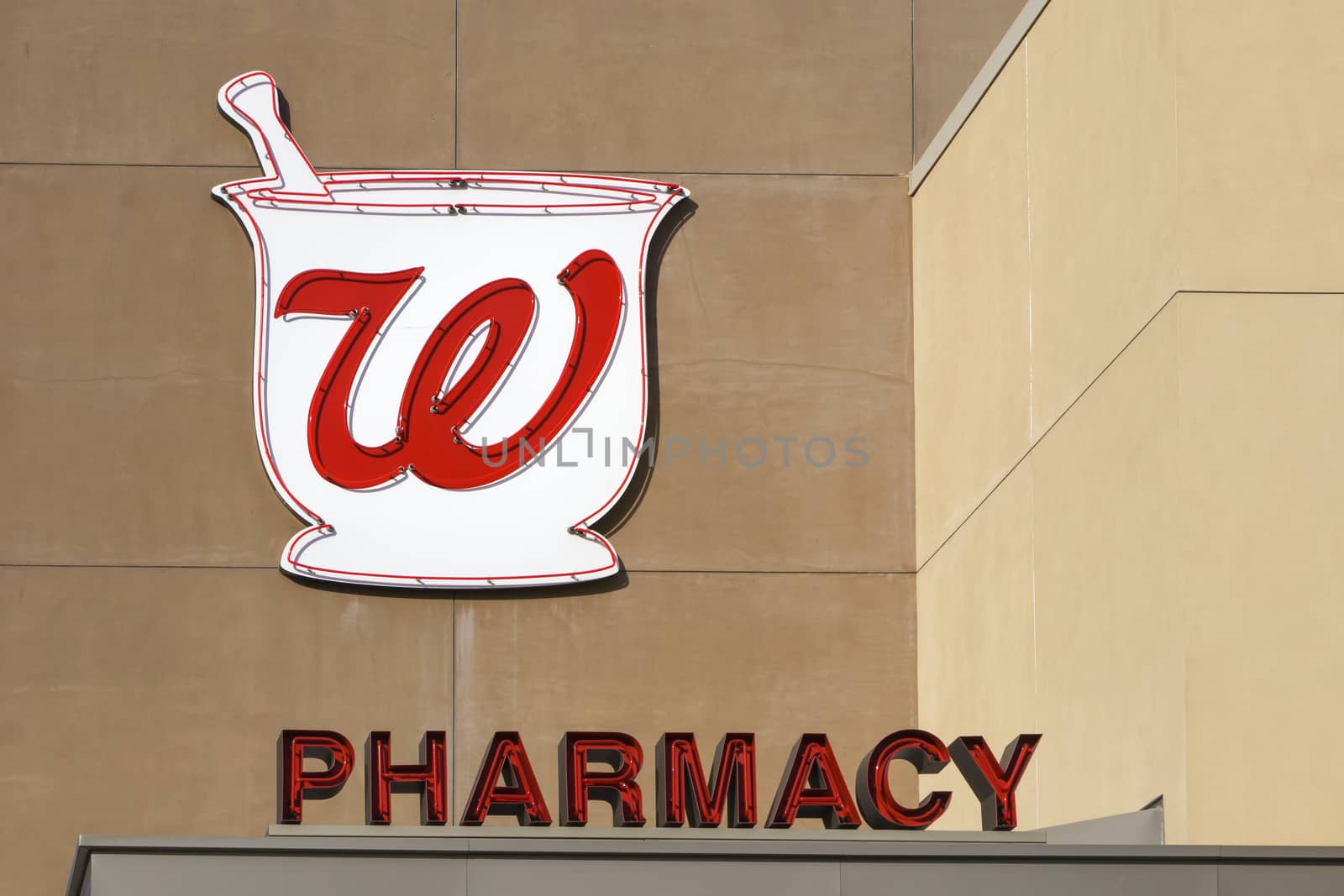 LOS ANGELES, CA/USA - December 6, 2015: Walgreens store exterior and logo. Walgreens is the largest drug retailing chain in the United States.