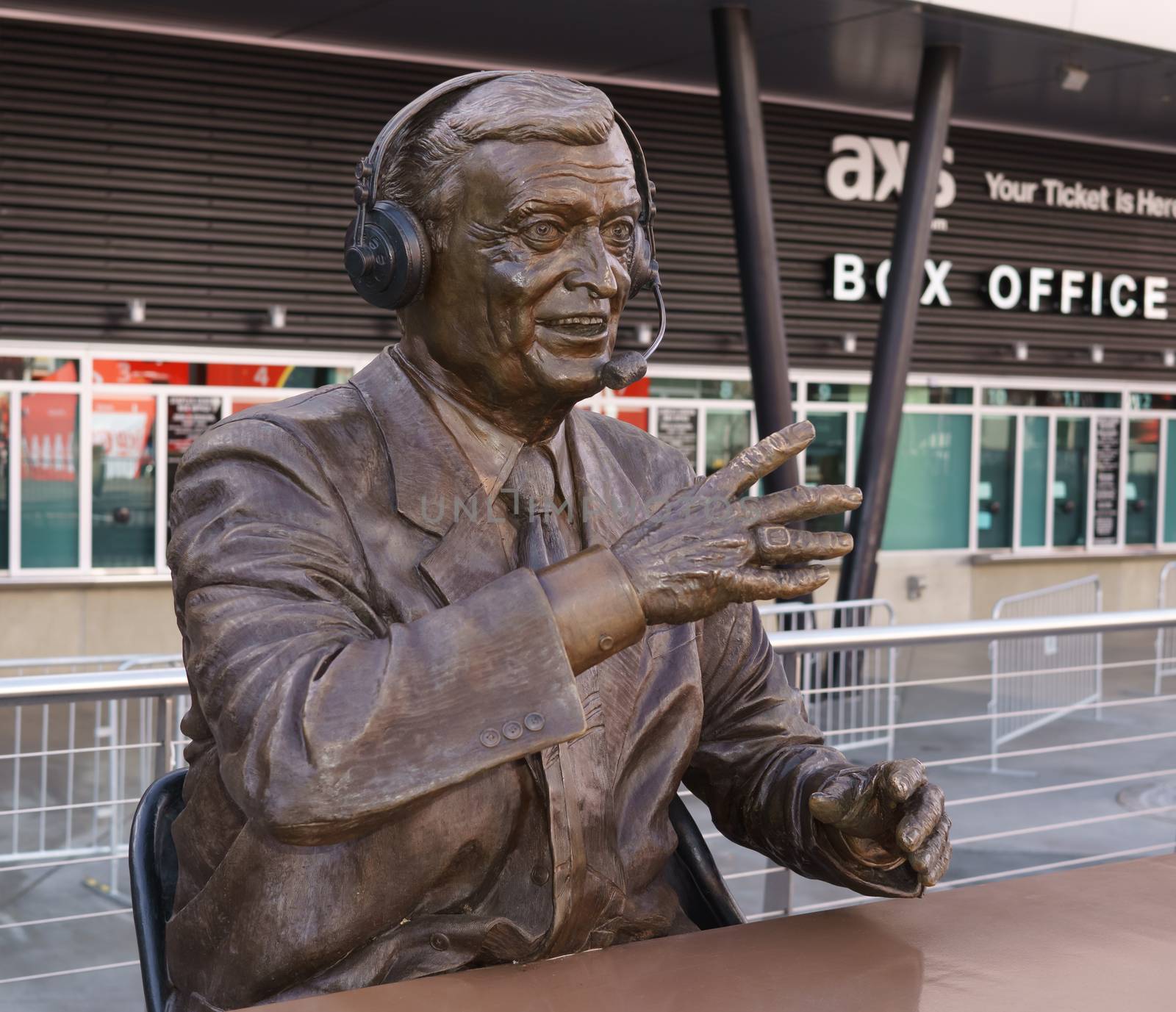 LOS ANGELES, CA/USA - December 6, 2015: 2015: Chick Hearn statue at Staples Center. Chick Hearn was an American sportscaster and long-time play-by-play announcer for the Los Angeles Lakers.