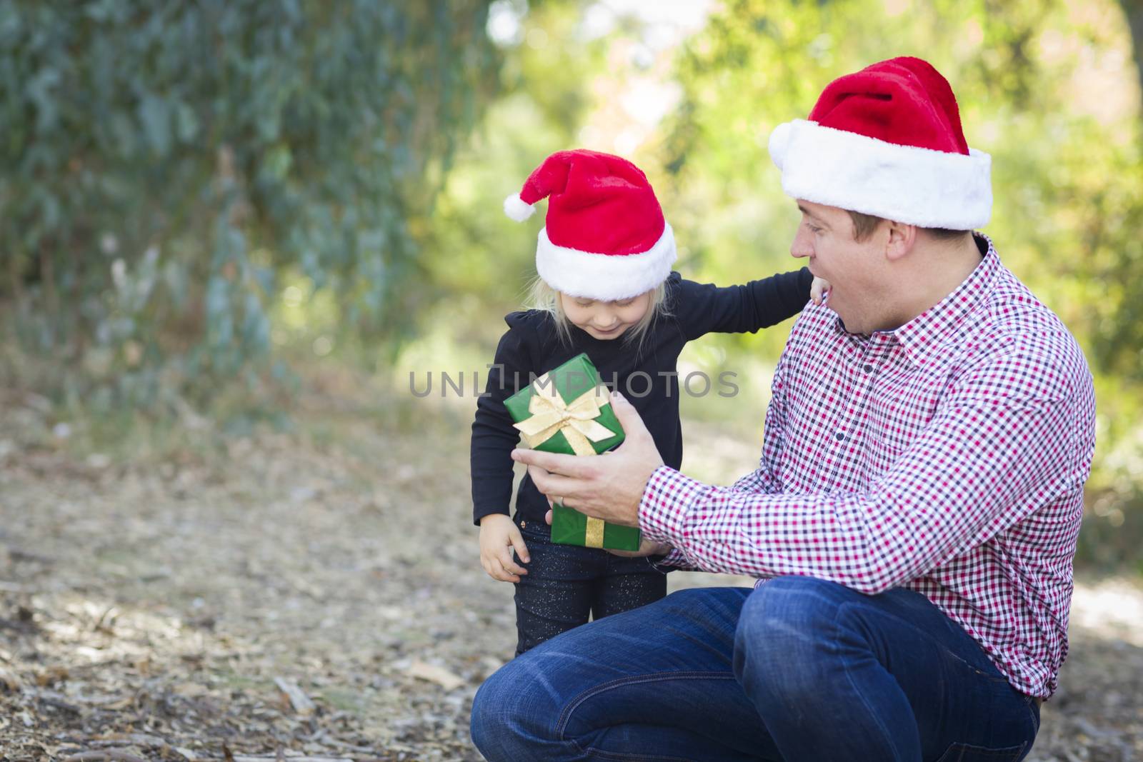 Happy Father Giving Young Daughter A Christmas Gift Outdoors.