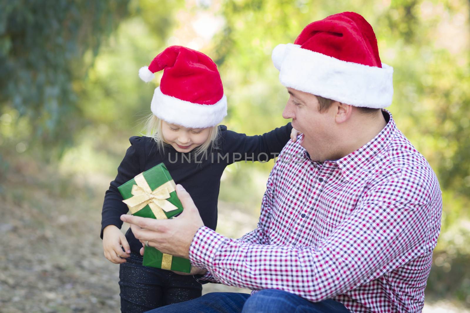 Happy Father Giving Young Daughter A Christmas Gift Outdoors.