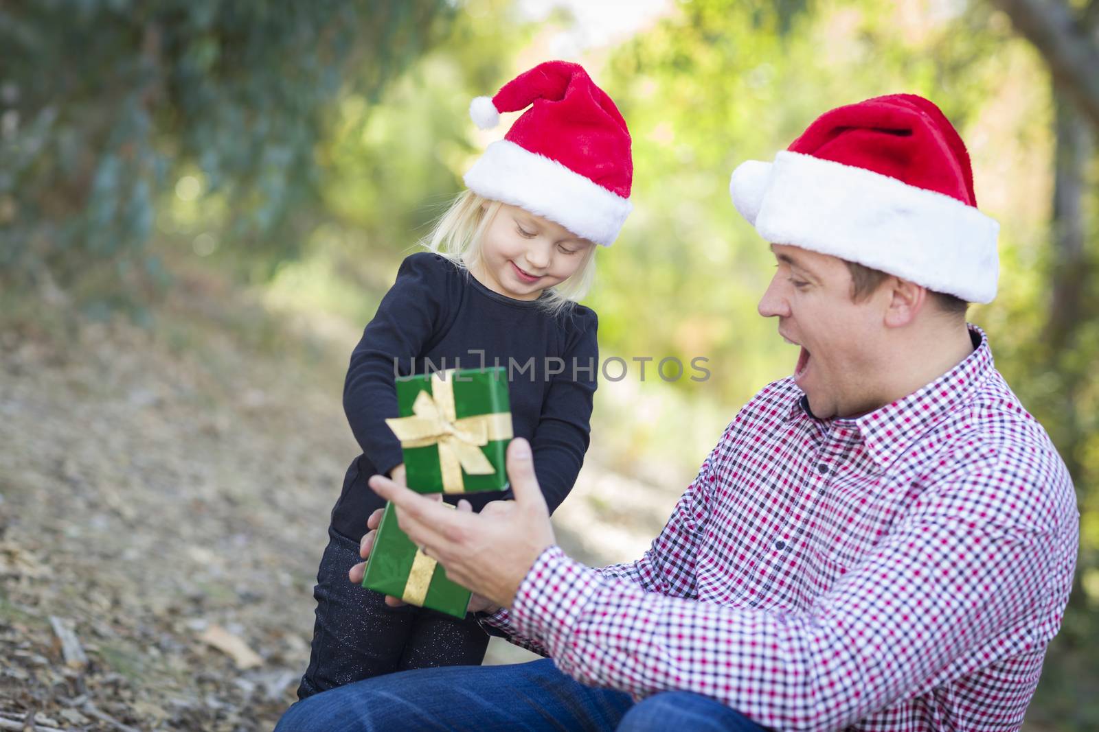 Happy Father Giving Young Daughter A Christmas Gift Outdoors.