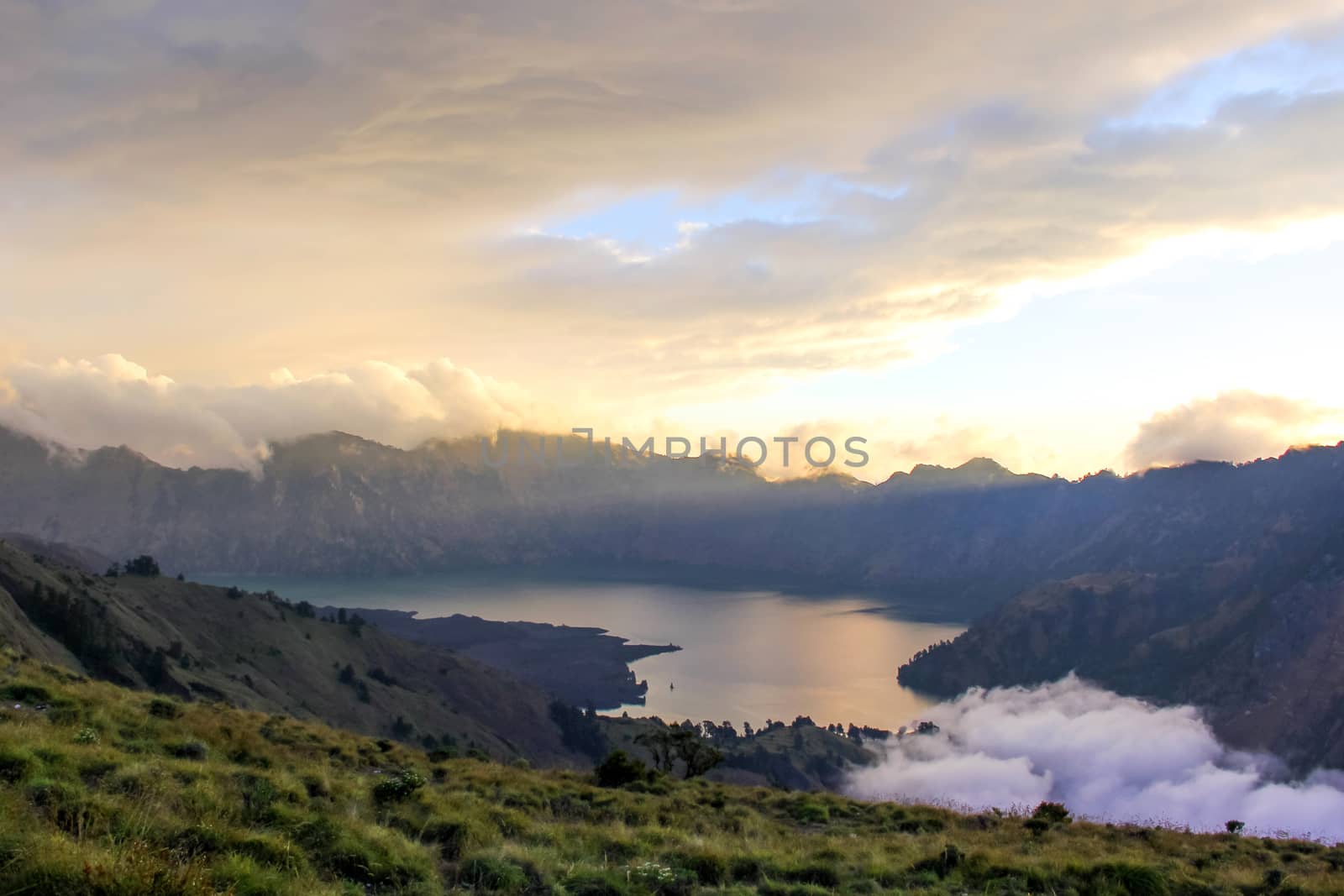 Mountain Rinjani volcano crater lake, Lombok, Indonesia