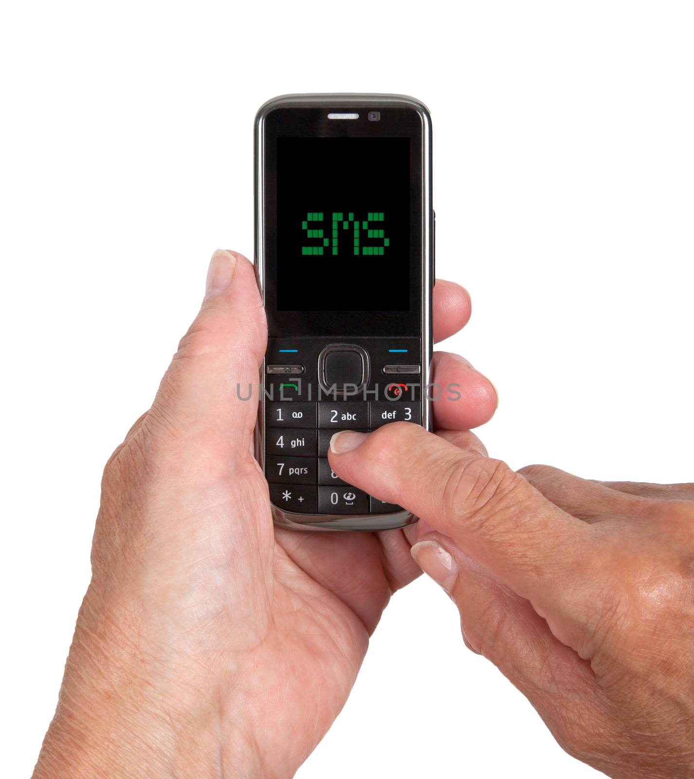 Hands of senior woman with a mobile phone, SMS