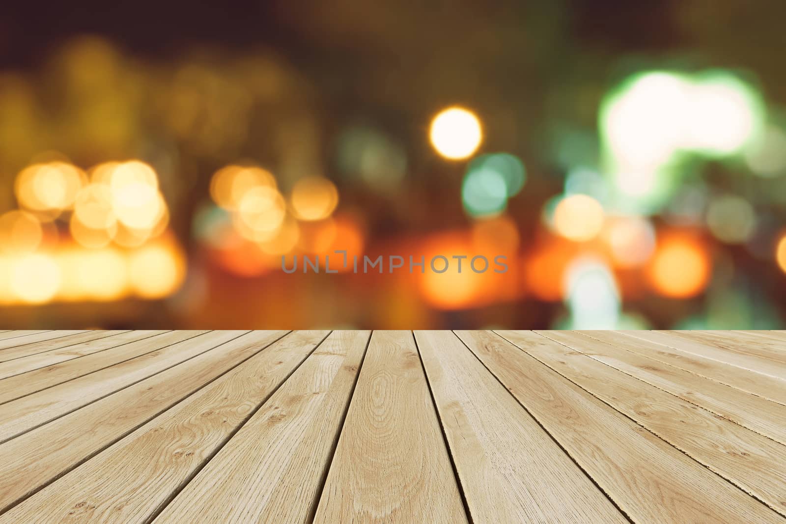 Perspective wood and bokeh light background by teerawit