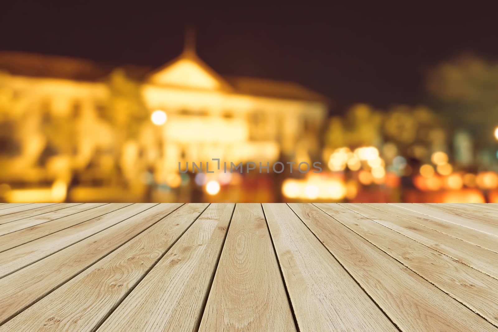 Perspective wood and bokeh light background by teerawit