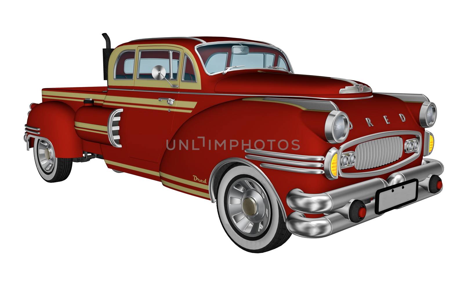 Red pickup truck isolated in white background - 3D render