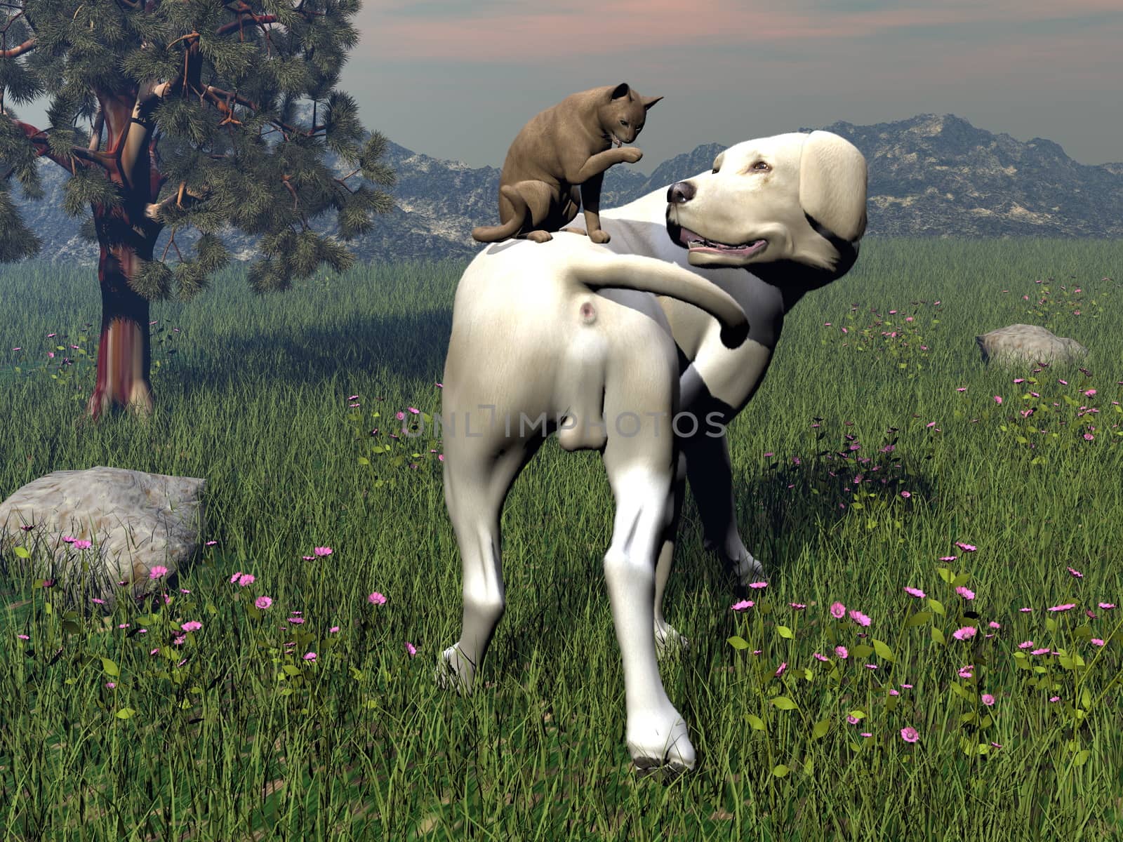 Labrador dog and abyssin cat friendship - 3D render