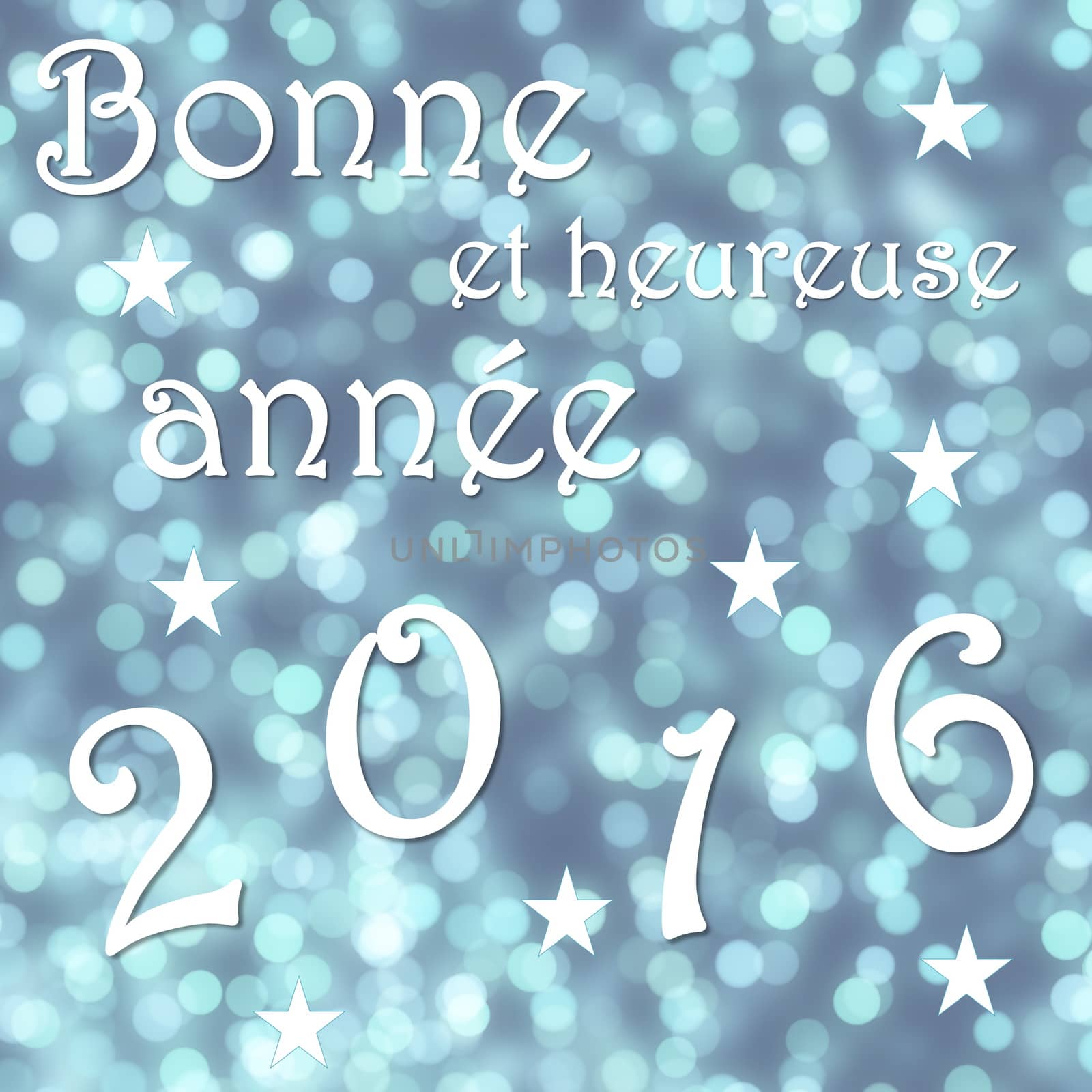 Happy new year 2016, french, in blue bokeh background with stars - 3D render