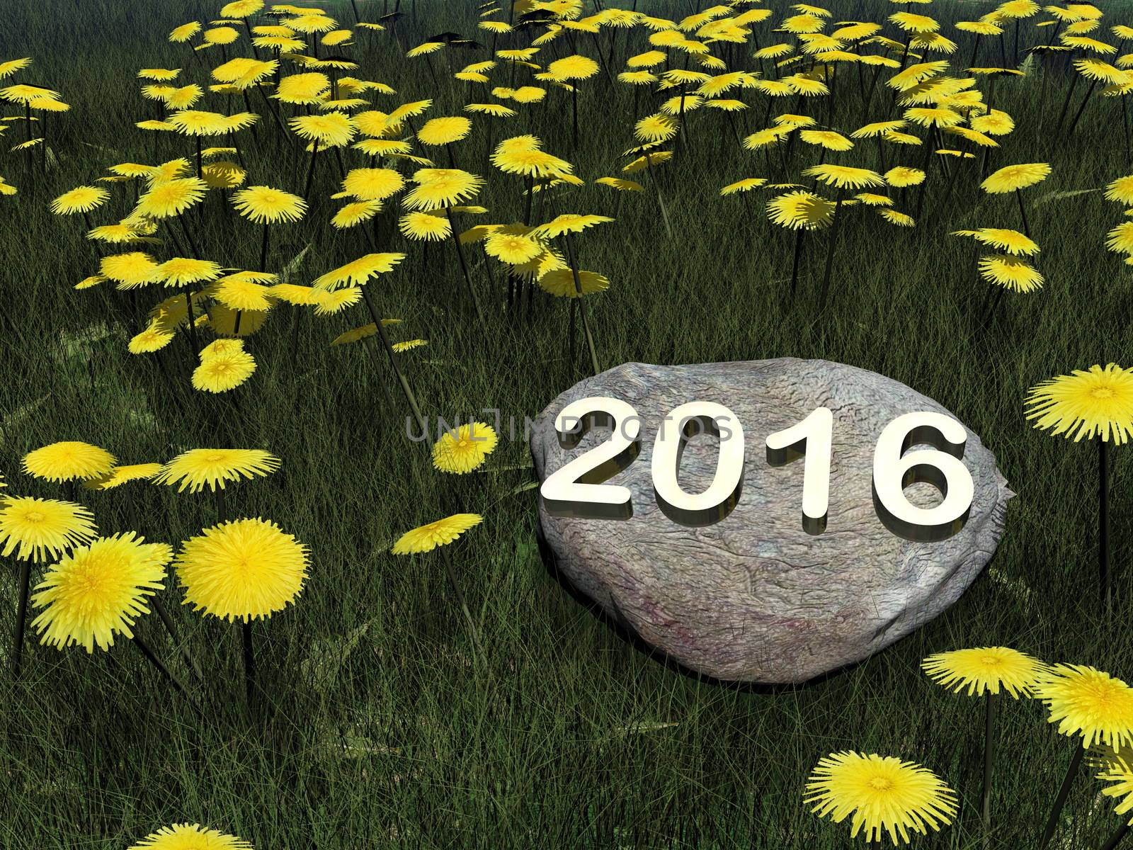 Happy new year 2016 on a rock in grass with dandelion flowers - 3D render