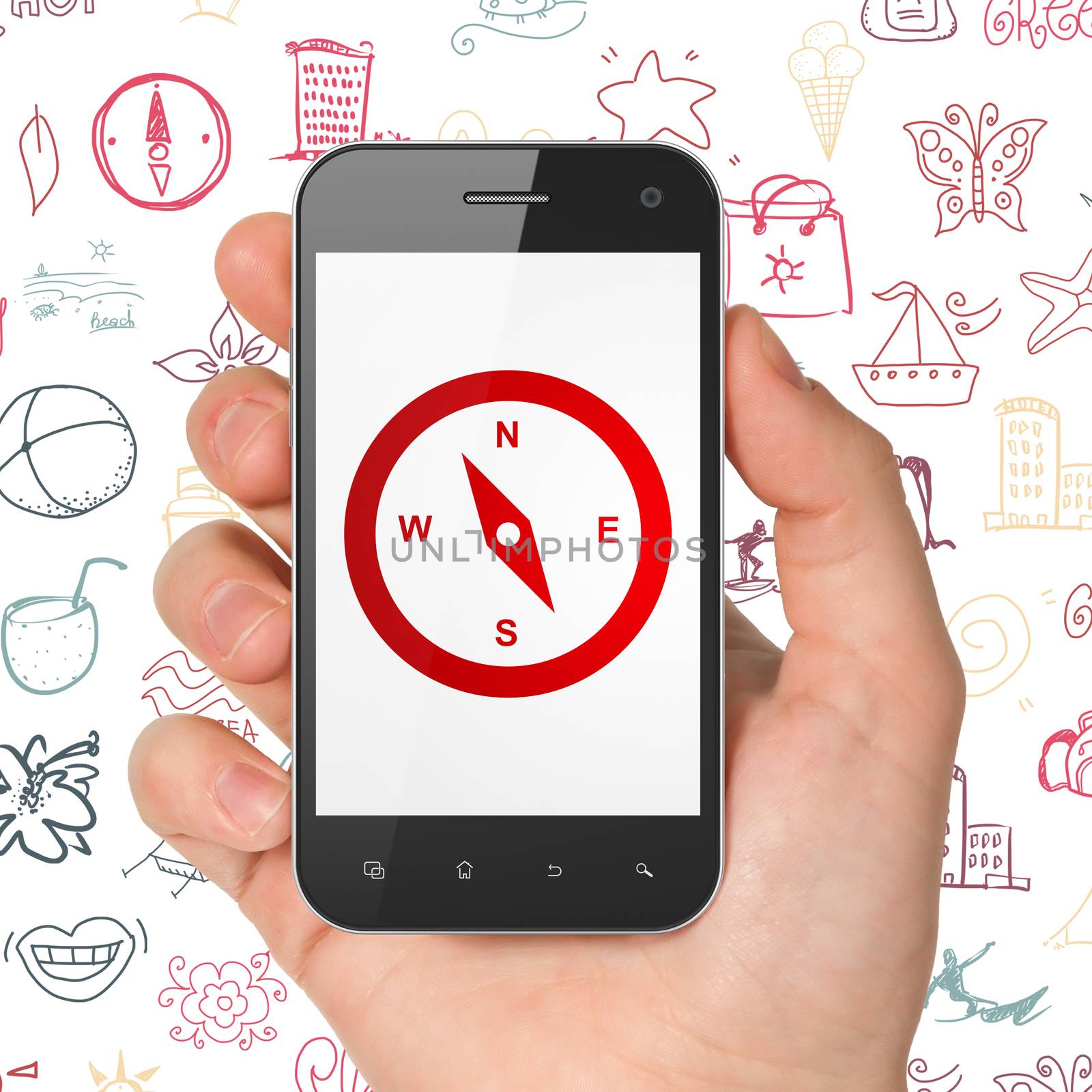 Travel concept: Hand Holding Smartphone with  red Compass icon on display,  Hand Drawn Vacation Icons background