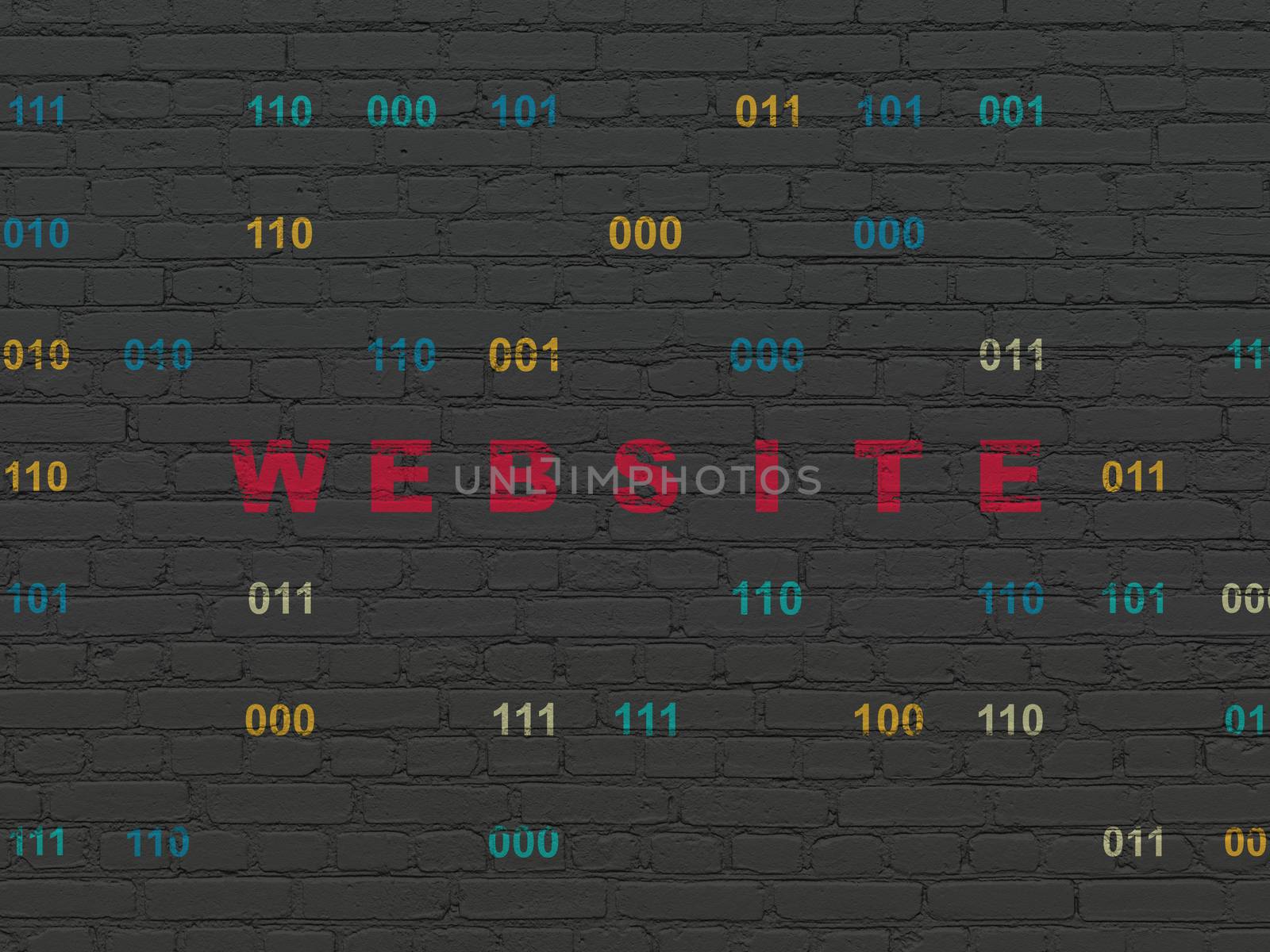 Web development concept: Painted red text Website on Black Brick wall background with Binary Code