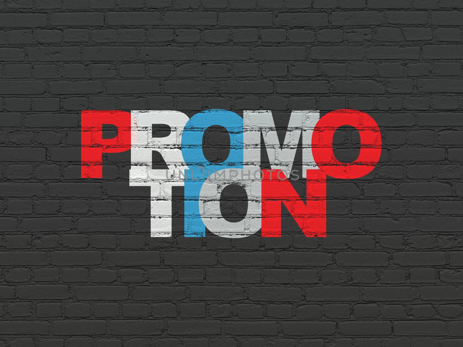 Marketing concept: Painted multicolor text Promotion on Black Brick wall background