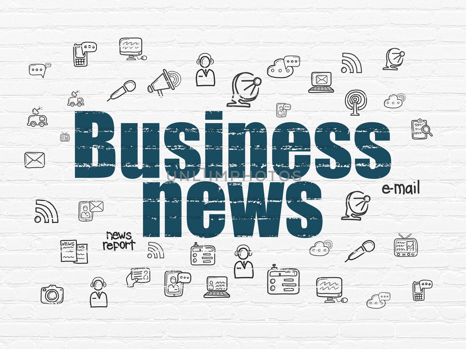 News concept: Painted blue text Business News on White Brick wall background with  Hand Drawn News Icons