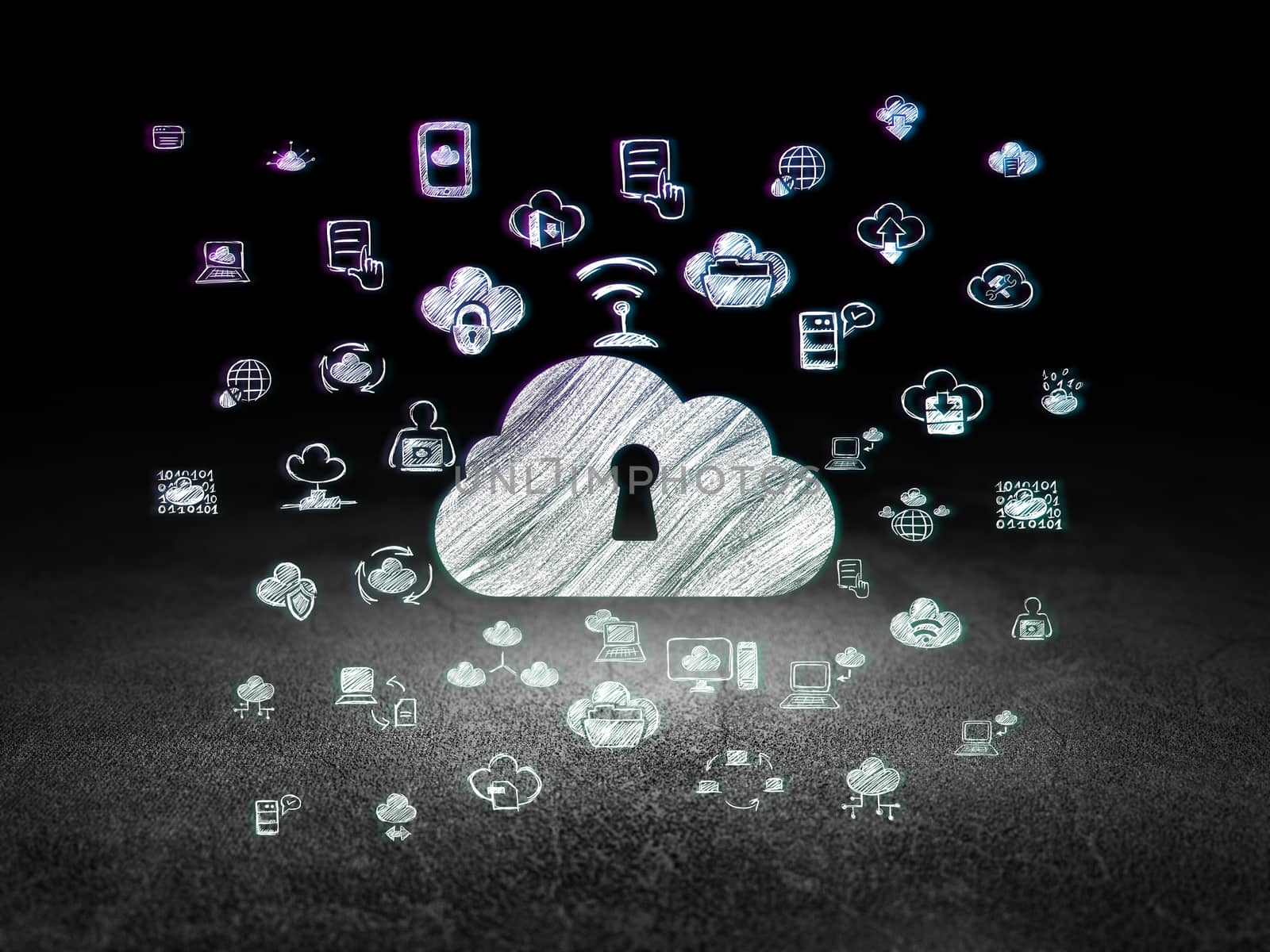 Cloud technology concept: Glowing Cloud With Keyhole icon in grunge dark room with Dirty Floor, black background with  Hand Drawn Cloud Technology Icons