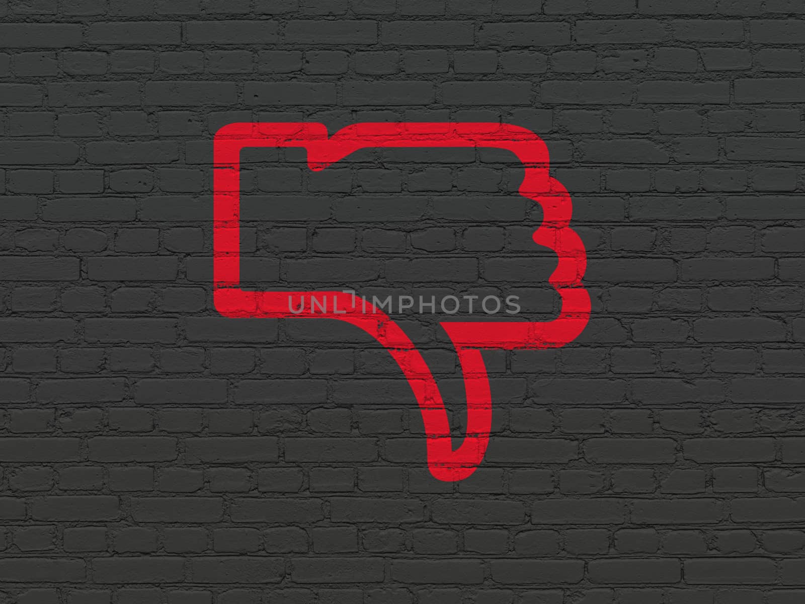 Social media concept: Painted red Thumb Down icon on Black Brick wall background