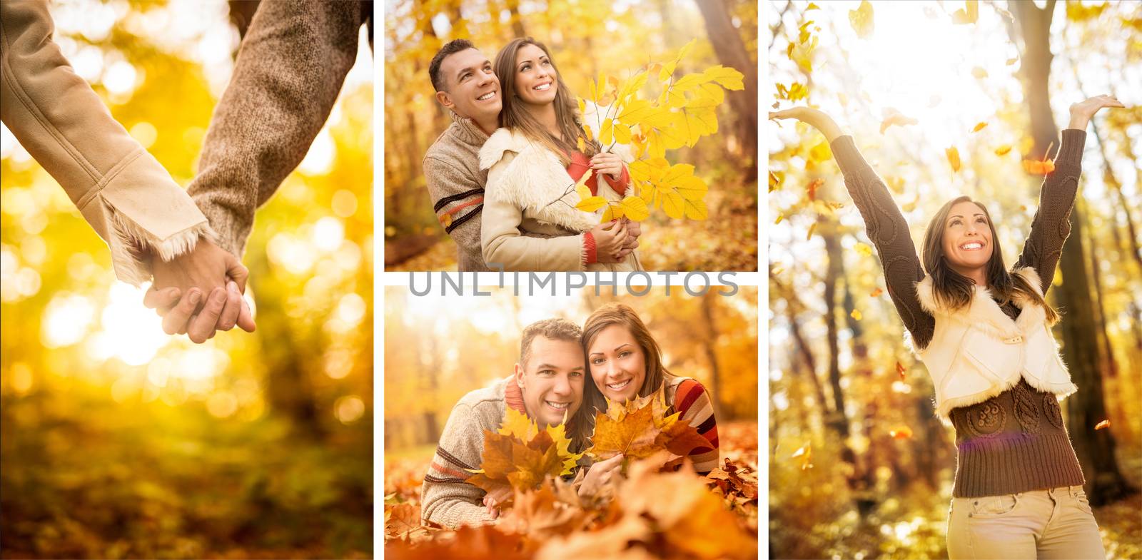 Collage of a beautiful young couple in sunny forest in autumn colors. 