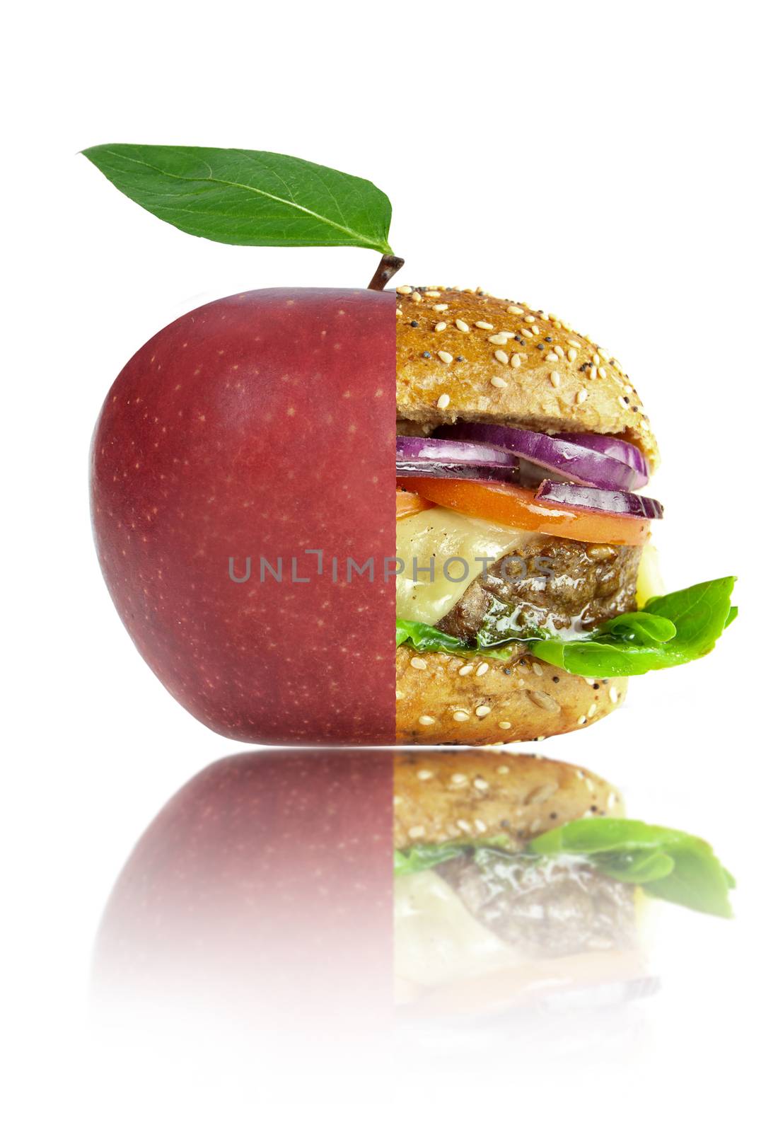 Healthy apple and unheatlhy burger merged into one over a white background