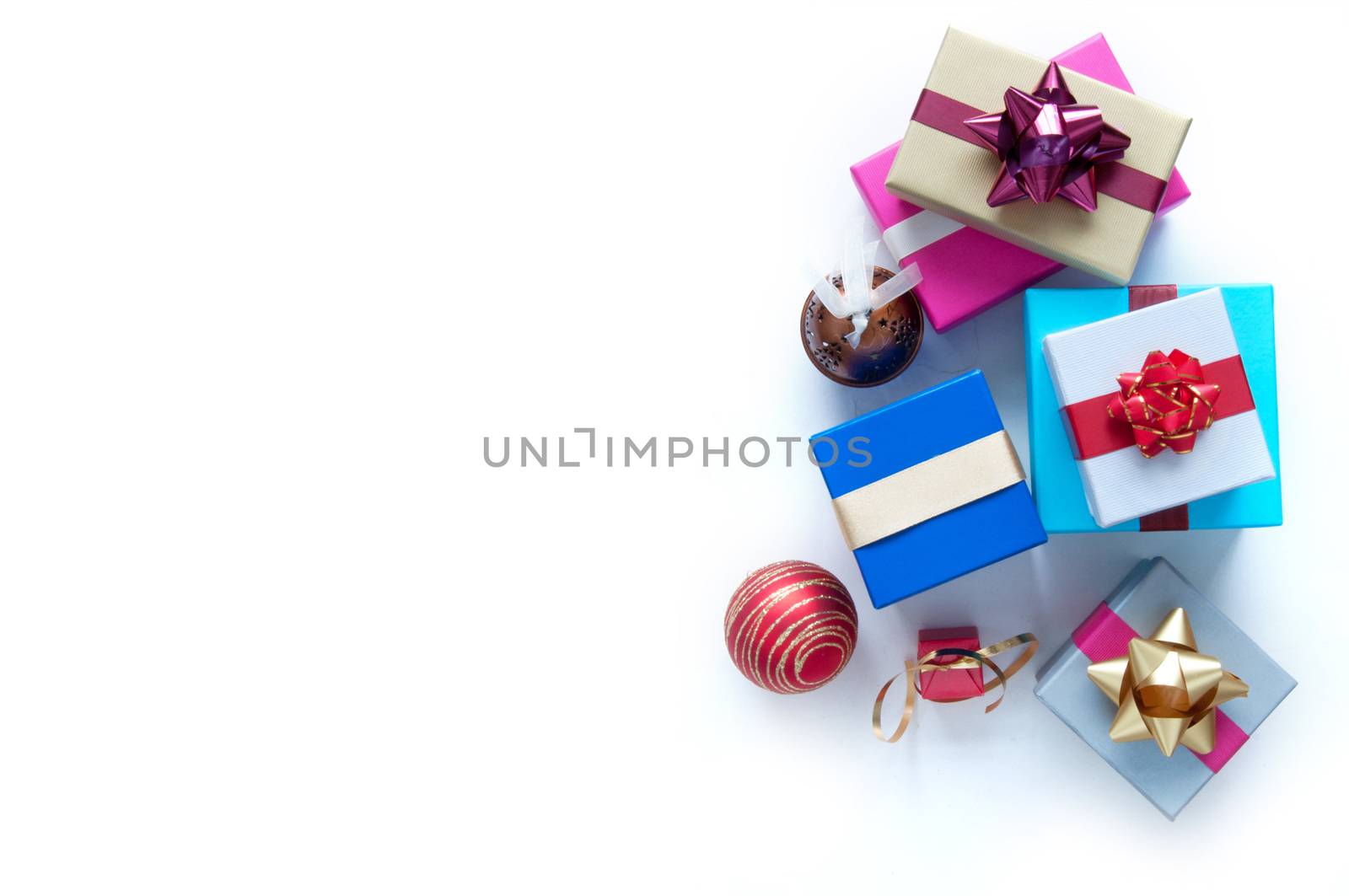 Wrapped gift boxes over a white background with space 