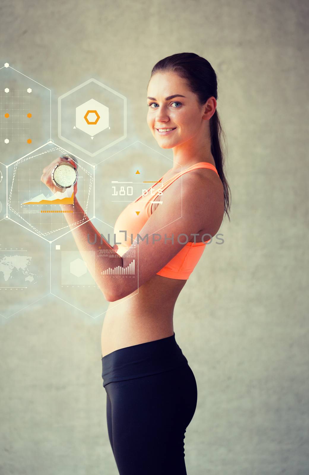 fitness, sport, training, future technology and lifestyle concept - smiling woman with dumbbells in gym and graph projection