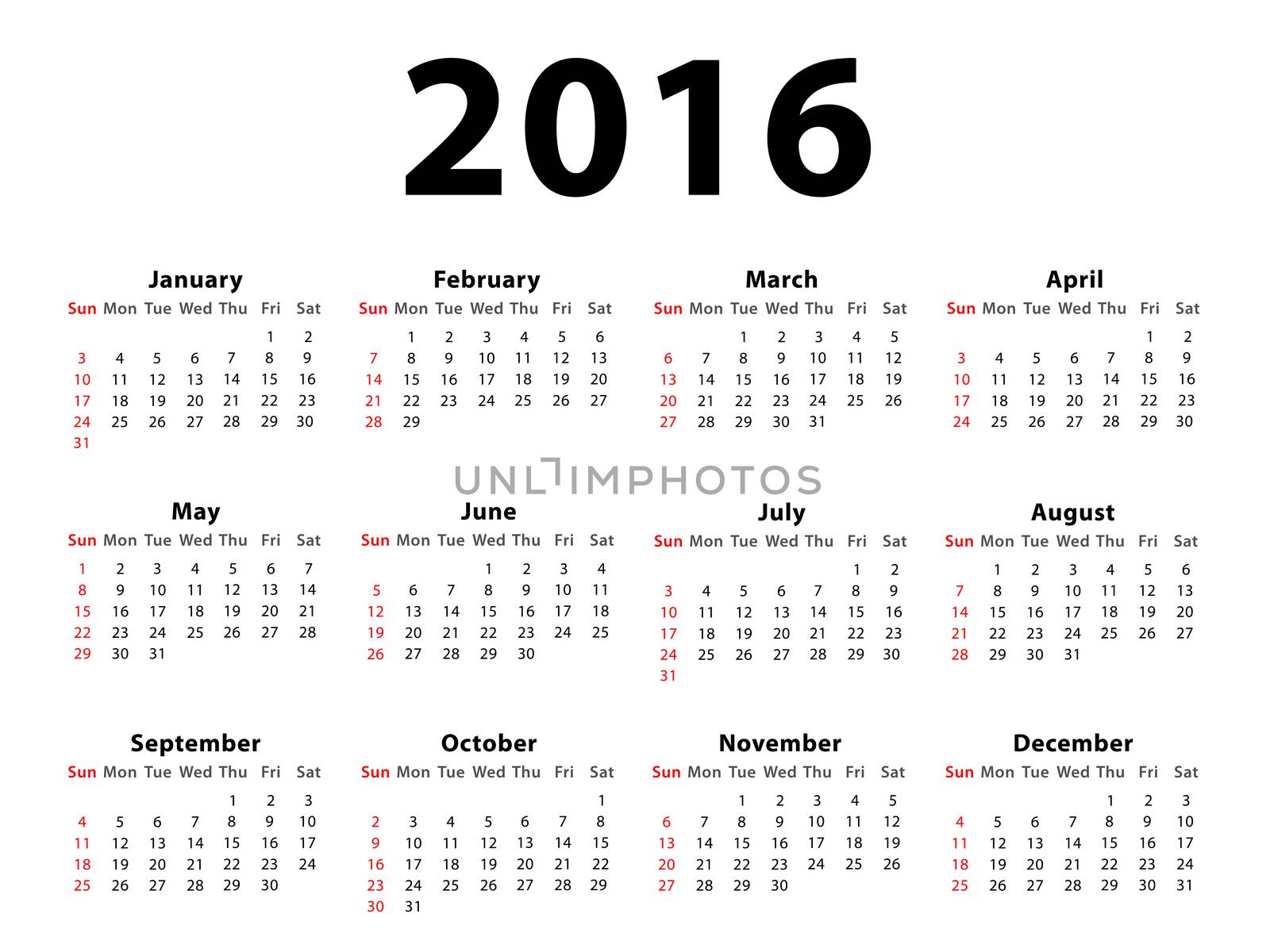Calendar of 2016 isolated on white background