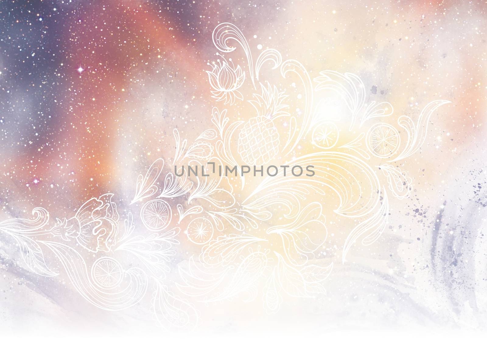 Blurry purple, orange and white illustration with sketch flowers, fruits and waves silhouettes