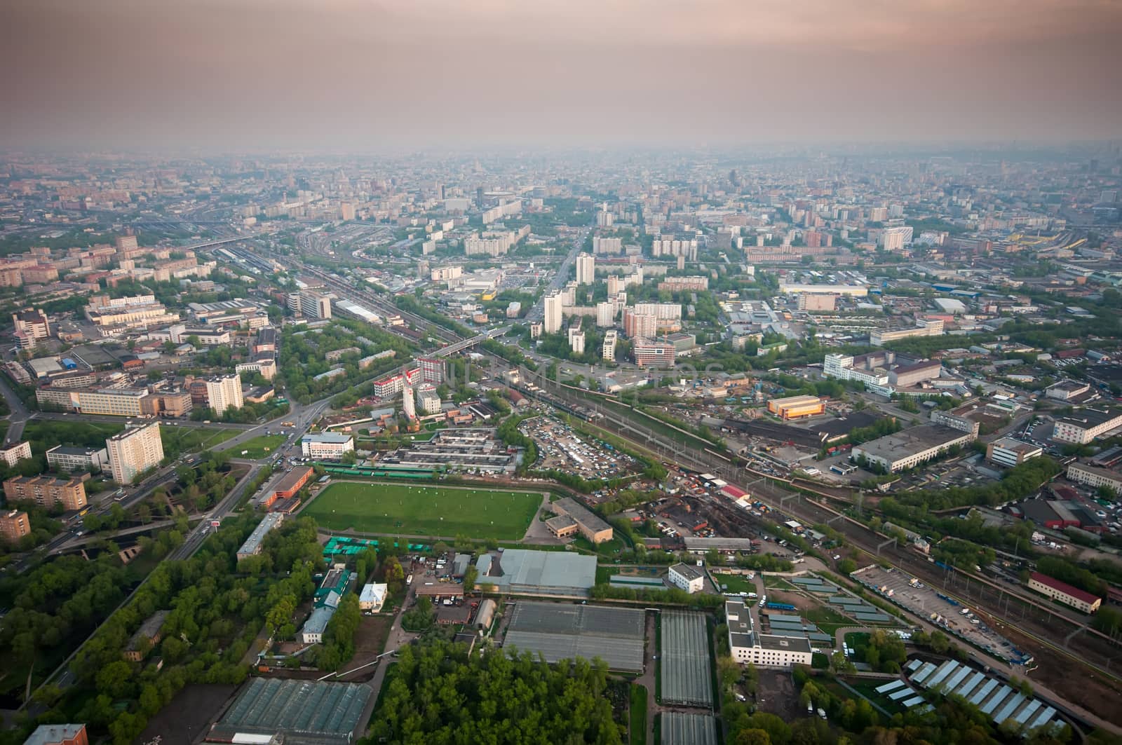 Bird's eye view on Alekseevsky district and Ostankino district in Moscow Russia