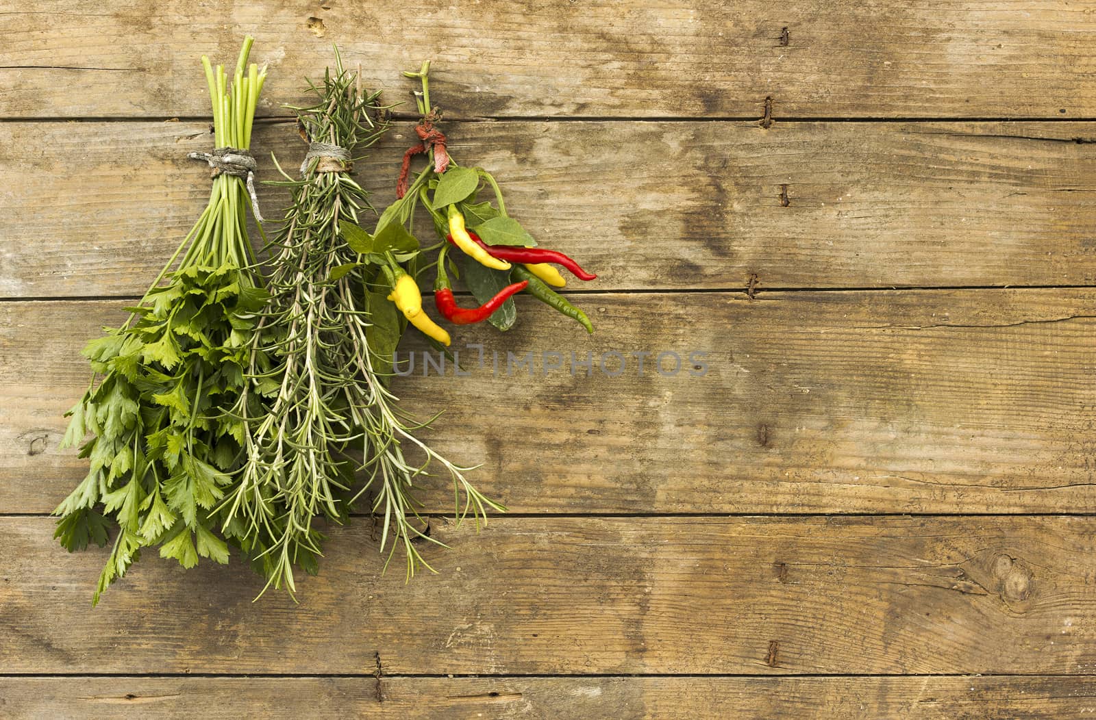 Bunches herbs hanging on a wooden board