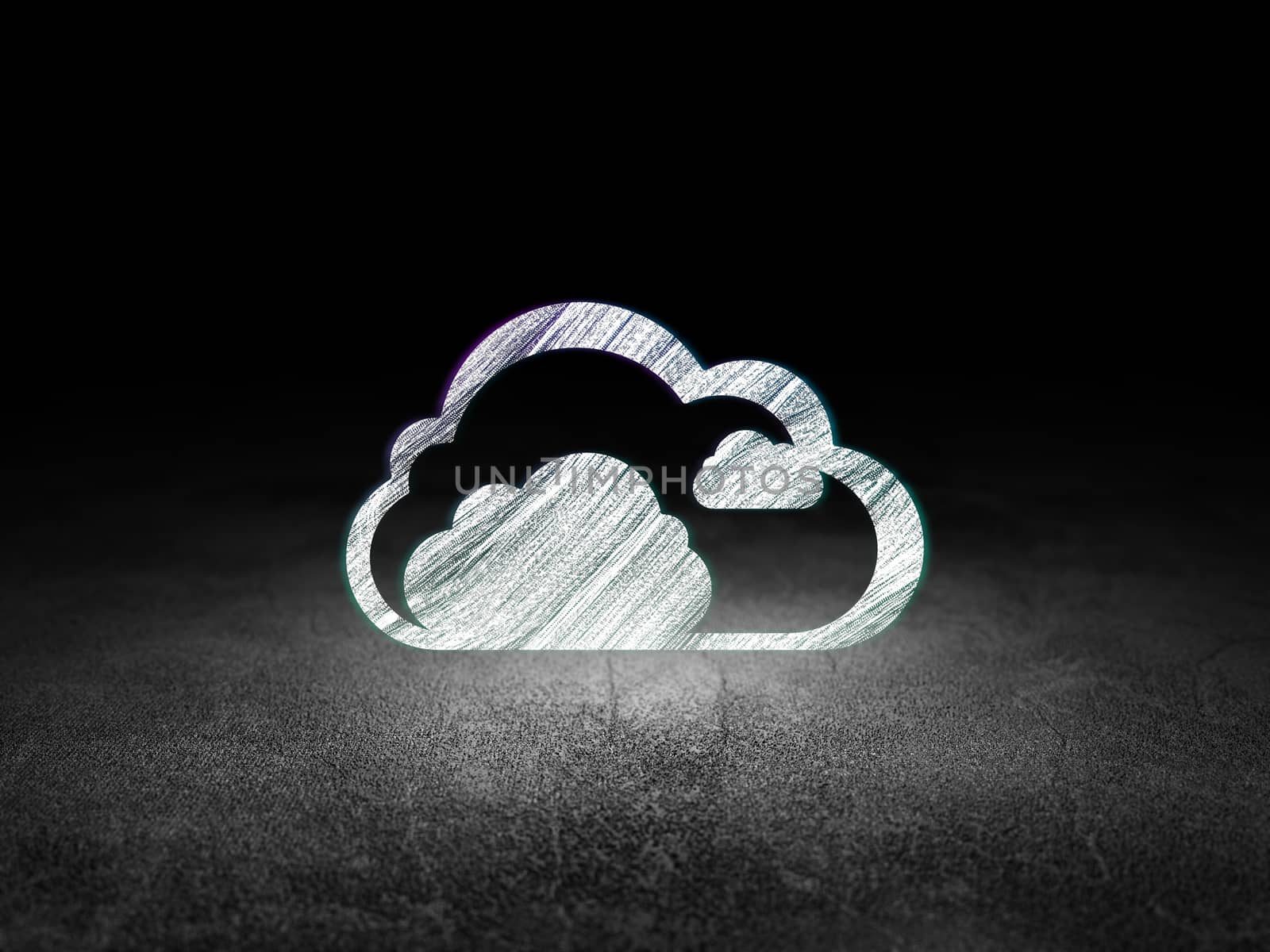 Cloud computing concept: Glowing Cloud icon in grunge dark room with Dirty Floor, black background