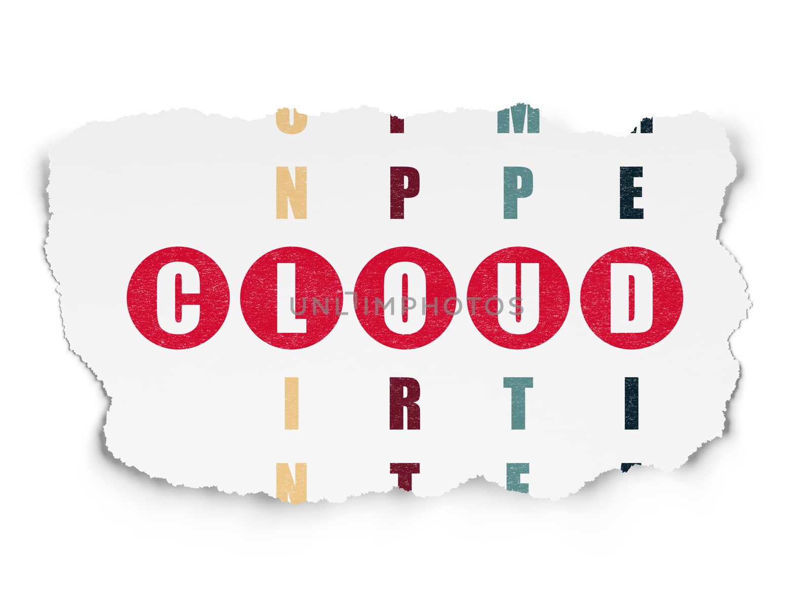 Cloud networking concept: Painted red word Cloud in solving Crossword Puzzle on Torn Paper background