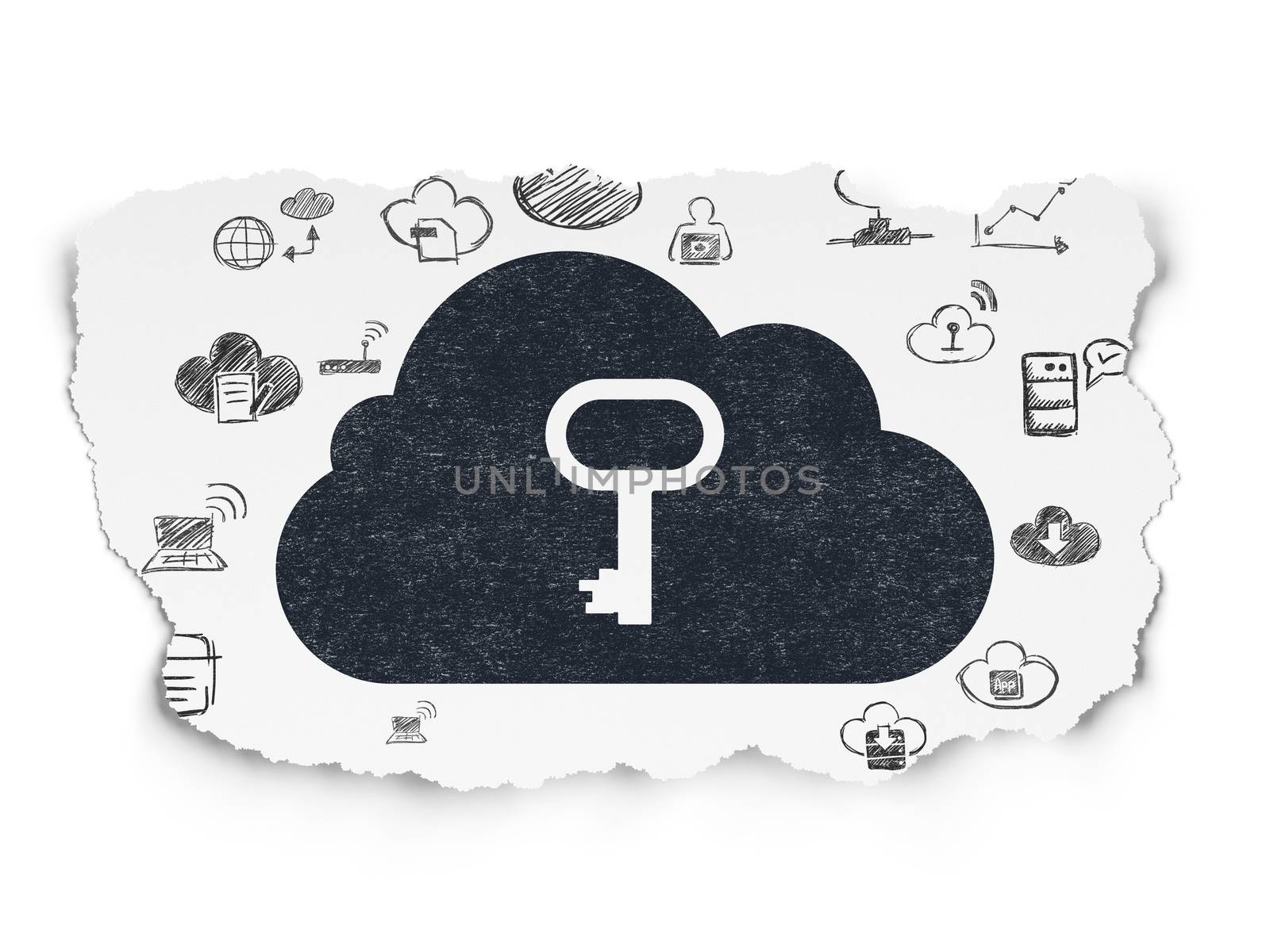 Cloud technology concept: Cloud With Key on Torn Paper background by maxkabakov