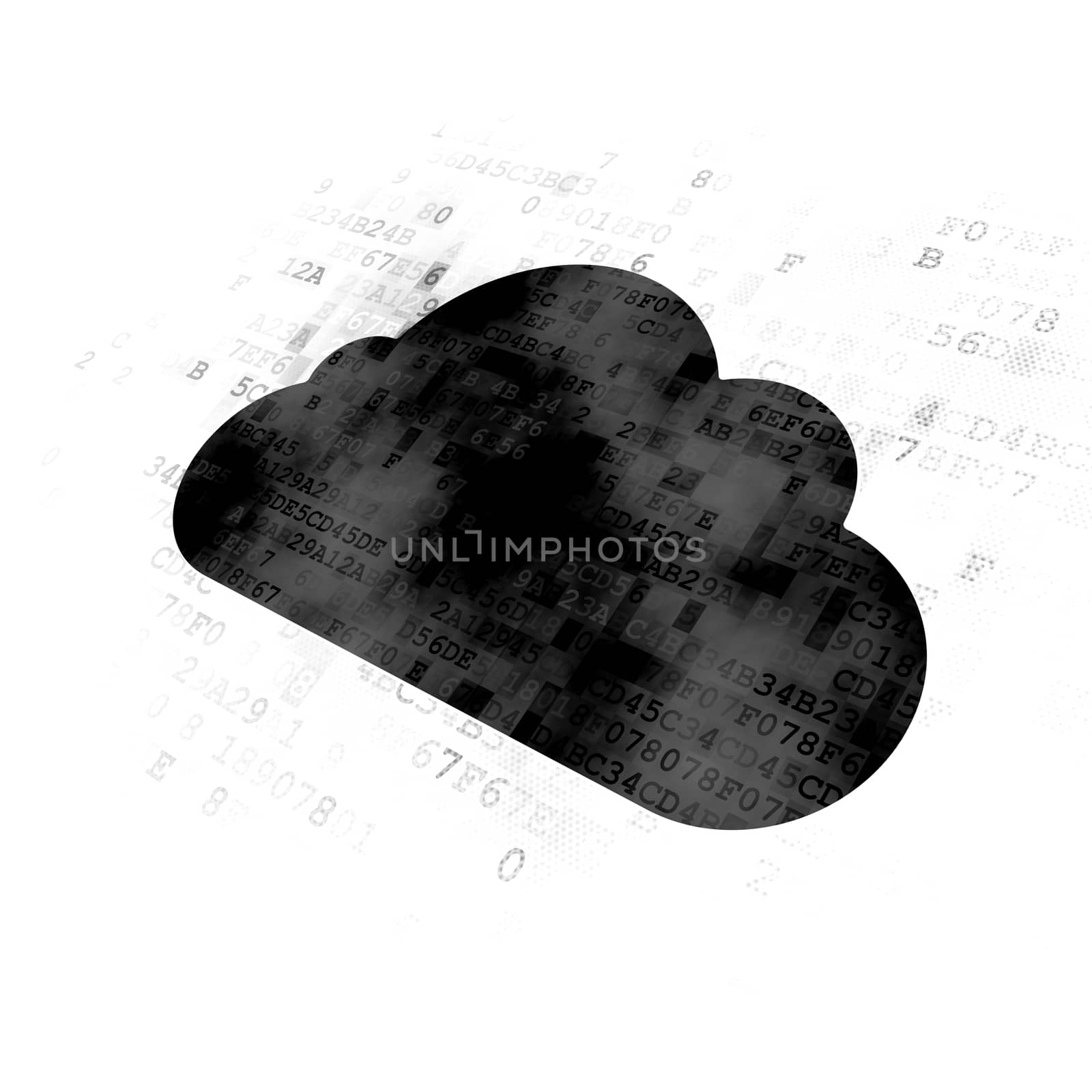 Cloud networking concept: Pixelated black Cloud icon on Digital background