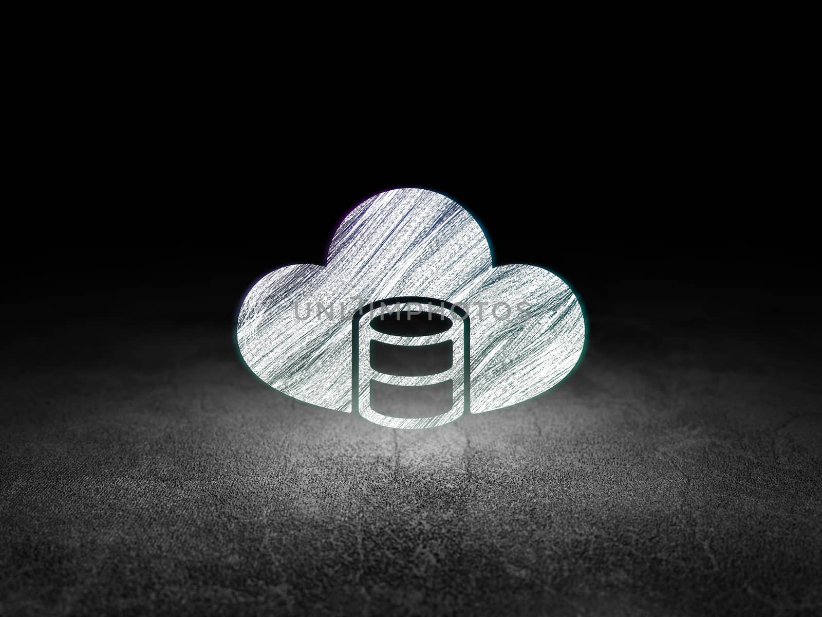Cloud technology concept: Glowing Database With Cloud icon in grunge dark room with Dirty Floor, black background