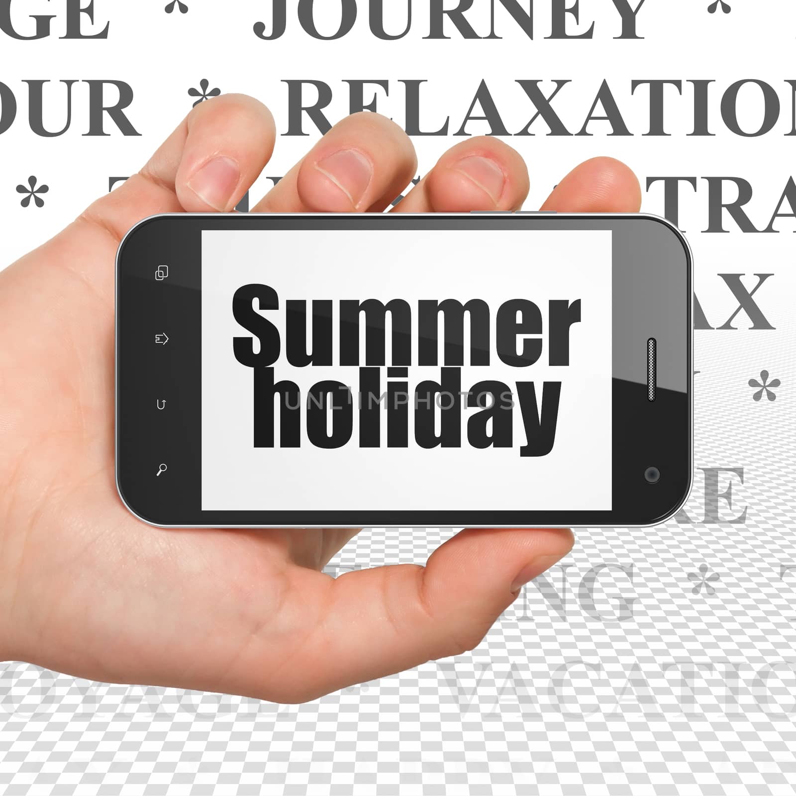 Tourism concept: Hand Holding Smartphone with  black text Summer Holiday on display,  Tag Cloud background