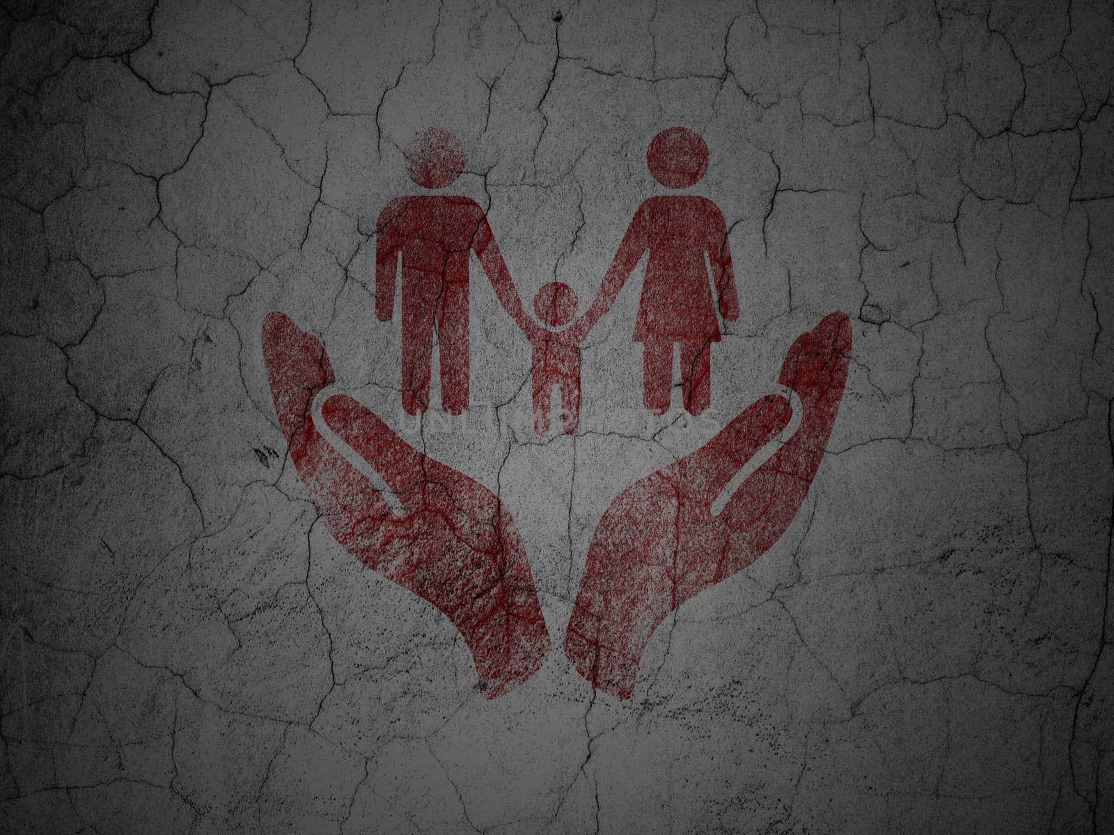 Insurance concept: Red Family And Palm on grunge textured concrete wall background