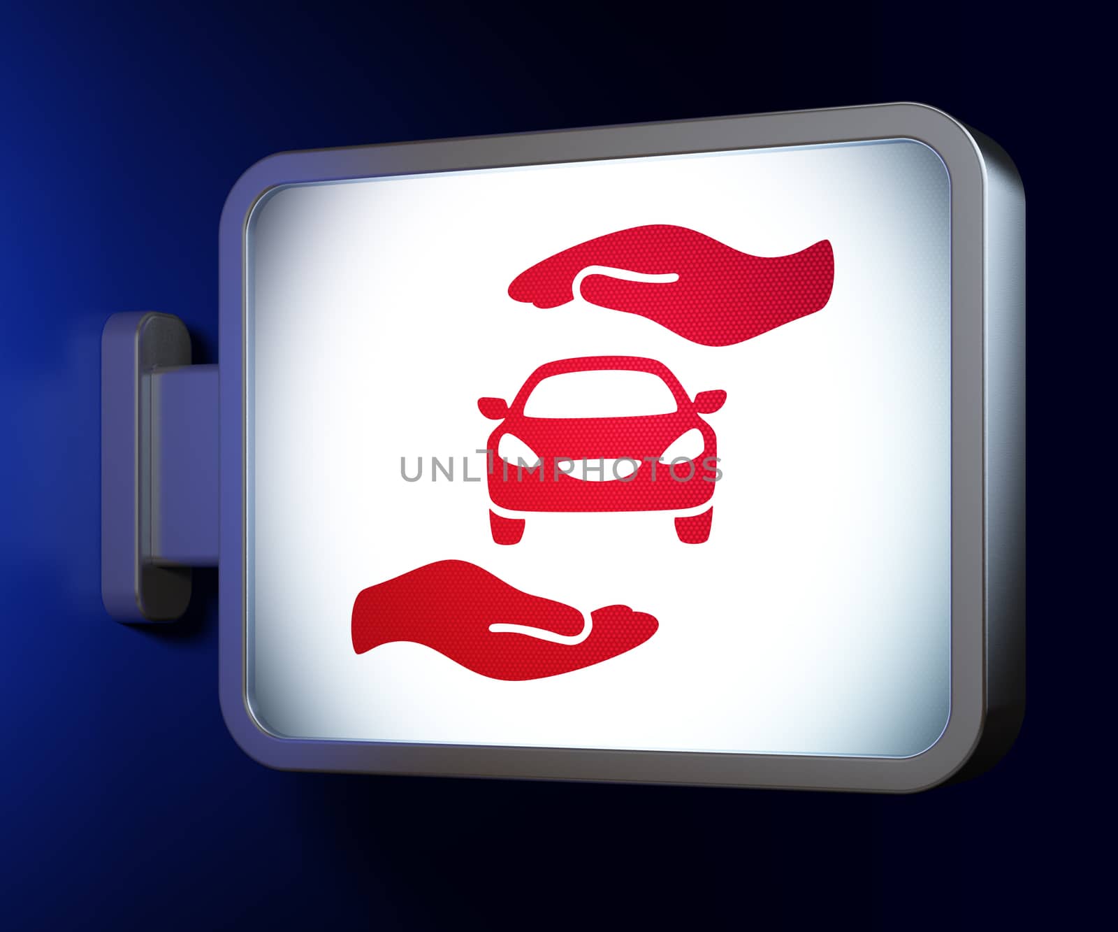 Insurance concept: Car And Palm on advertising billboard background, 3d render