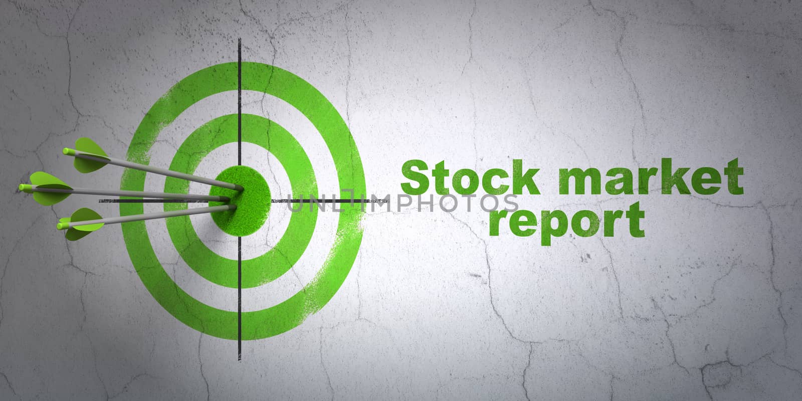 Success currency concept: arrows hitting the center of target, Green Stock Market Report on wall background