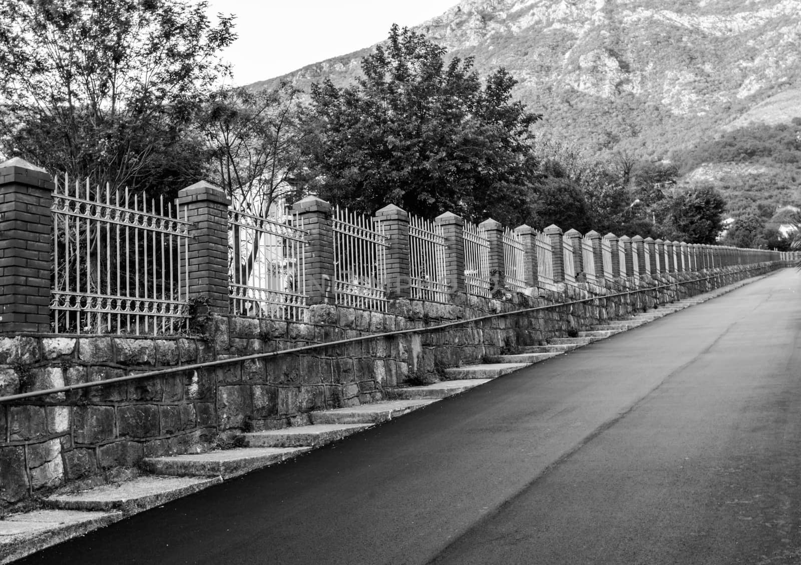 Fence and the road, black and white 