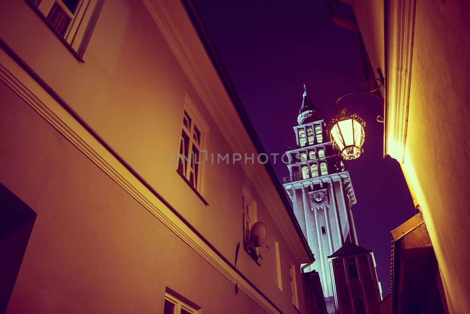 Bielsko Biala, Poland Old Town Church Tower and the Narrow Street. Poland, Europe.