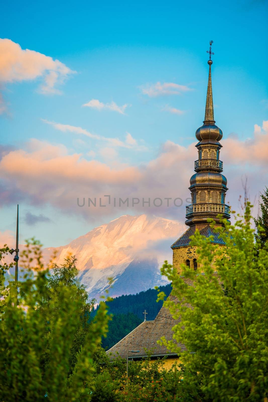 Old French Church and the Mont Blanc. French Alps, Megeve Region. France, Europe.
